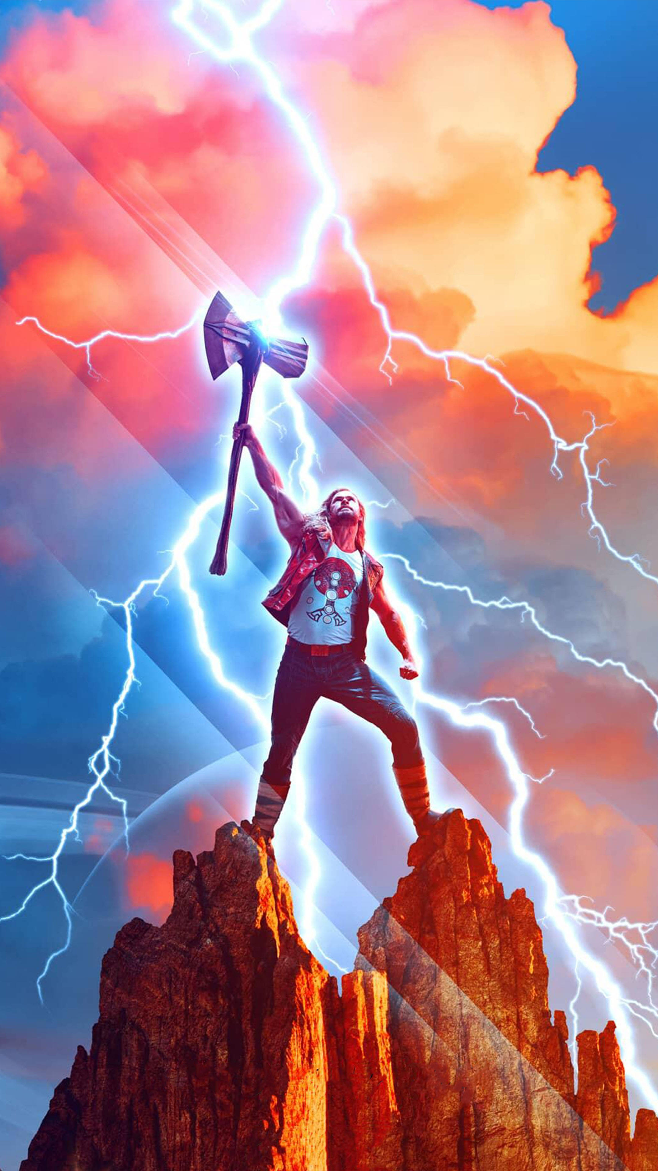 Thor Love And Thunder, glowing axe, fiery sunset sky, 4K Phone Wallpaper
