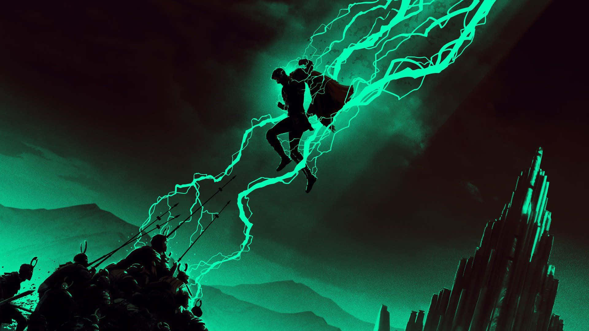Thor Ragnarok, glowing green lightning, stormy sky, Full HD Desktop Wallpaper
