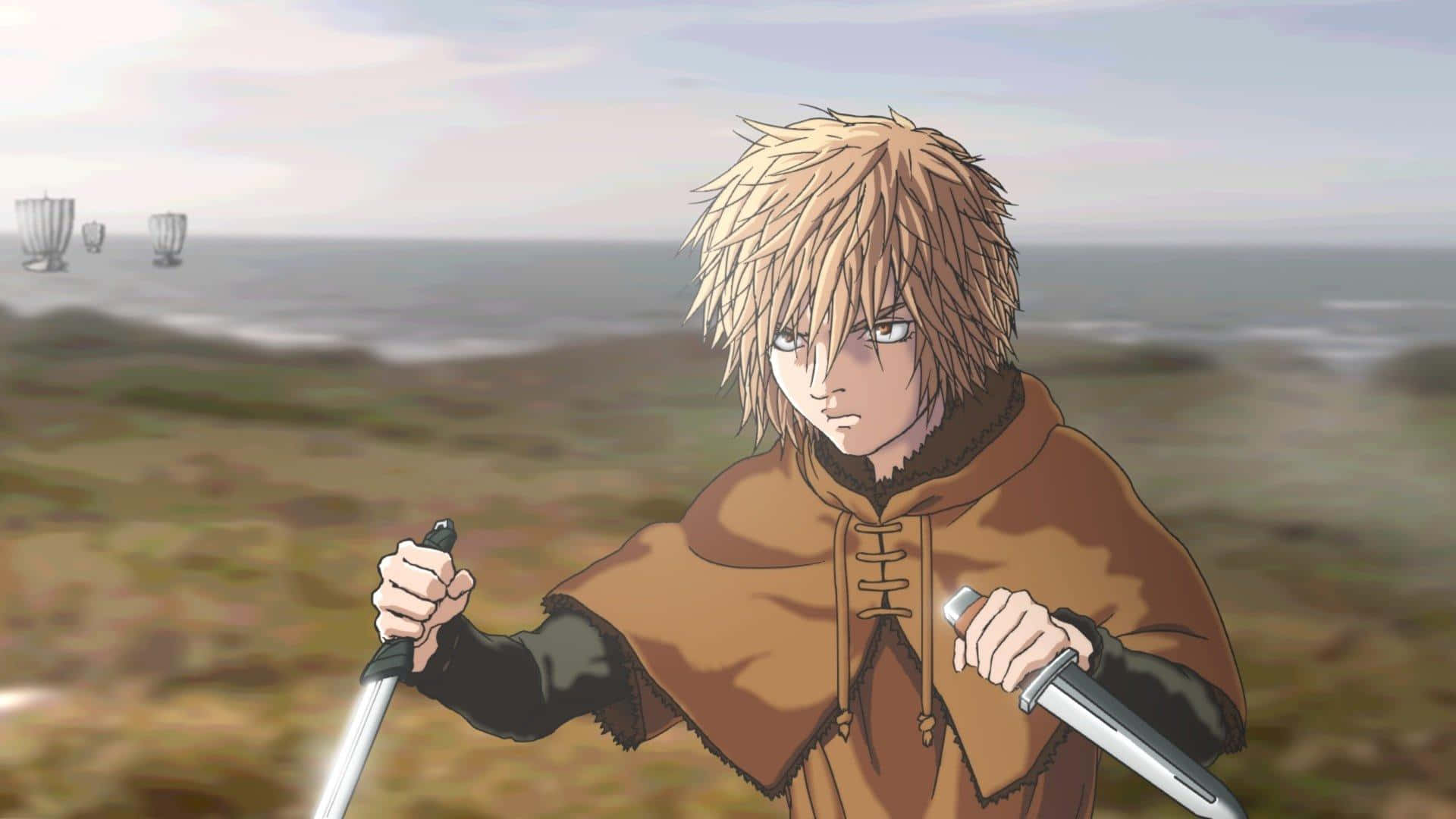 Thorfinn, blond-haired anime warrior, brown cloak, Full HD Desktop Wallpaper