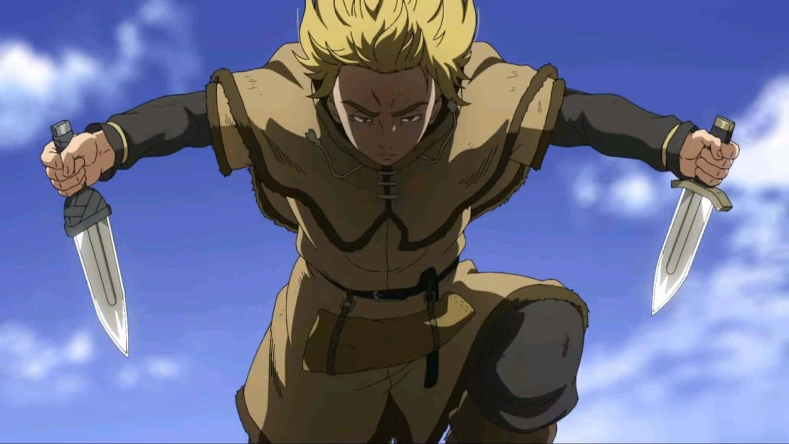 Thorfinn, dual wielding attack, blonde anime warrior, HD Desktop Wallpaper