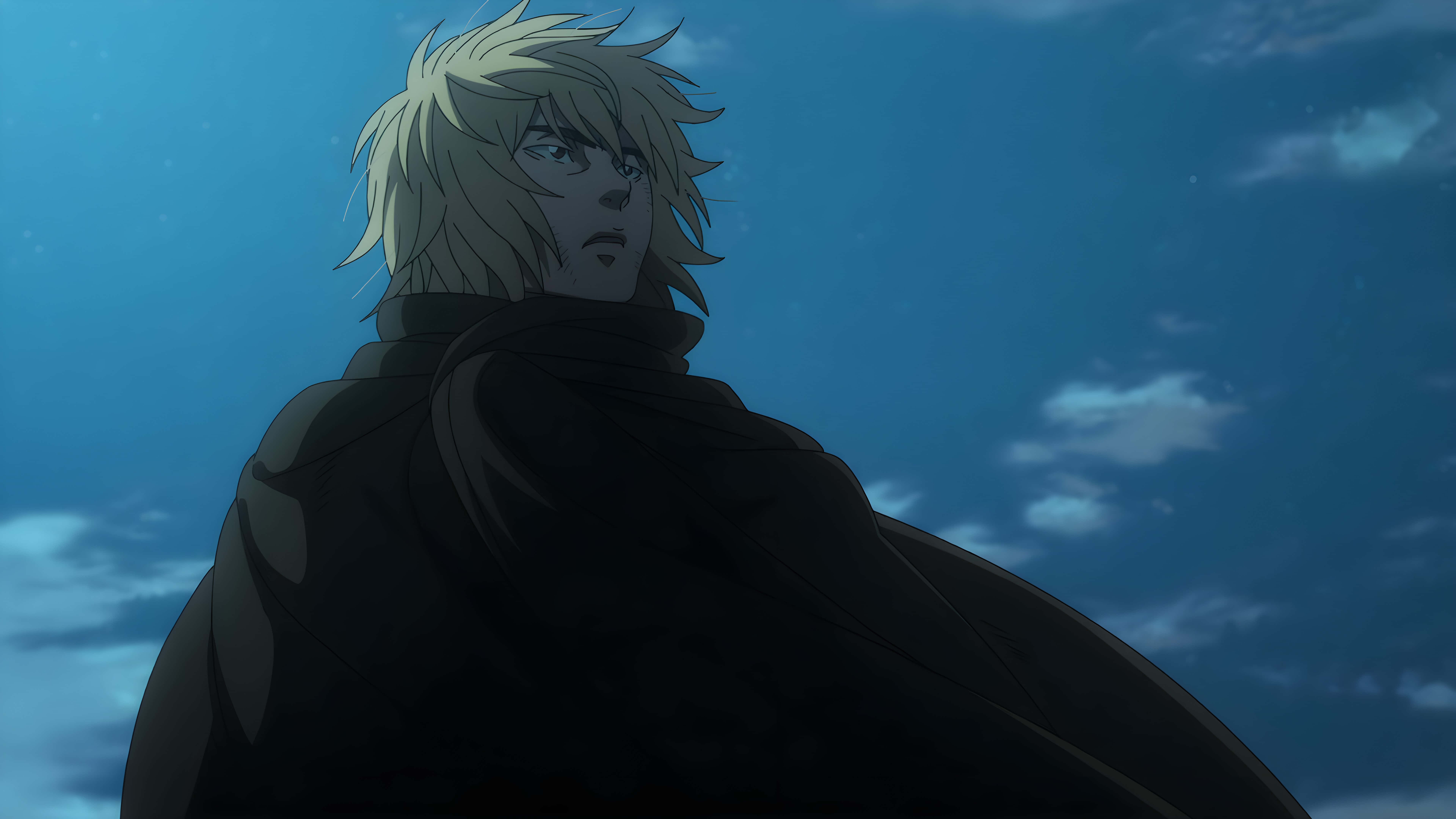 Thorfinn, spiky blonde hair, dark cloak, 8K Desktop Wallpaper