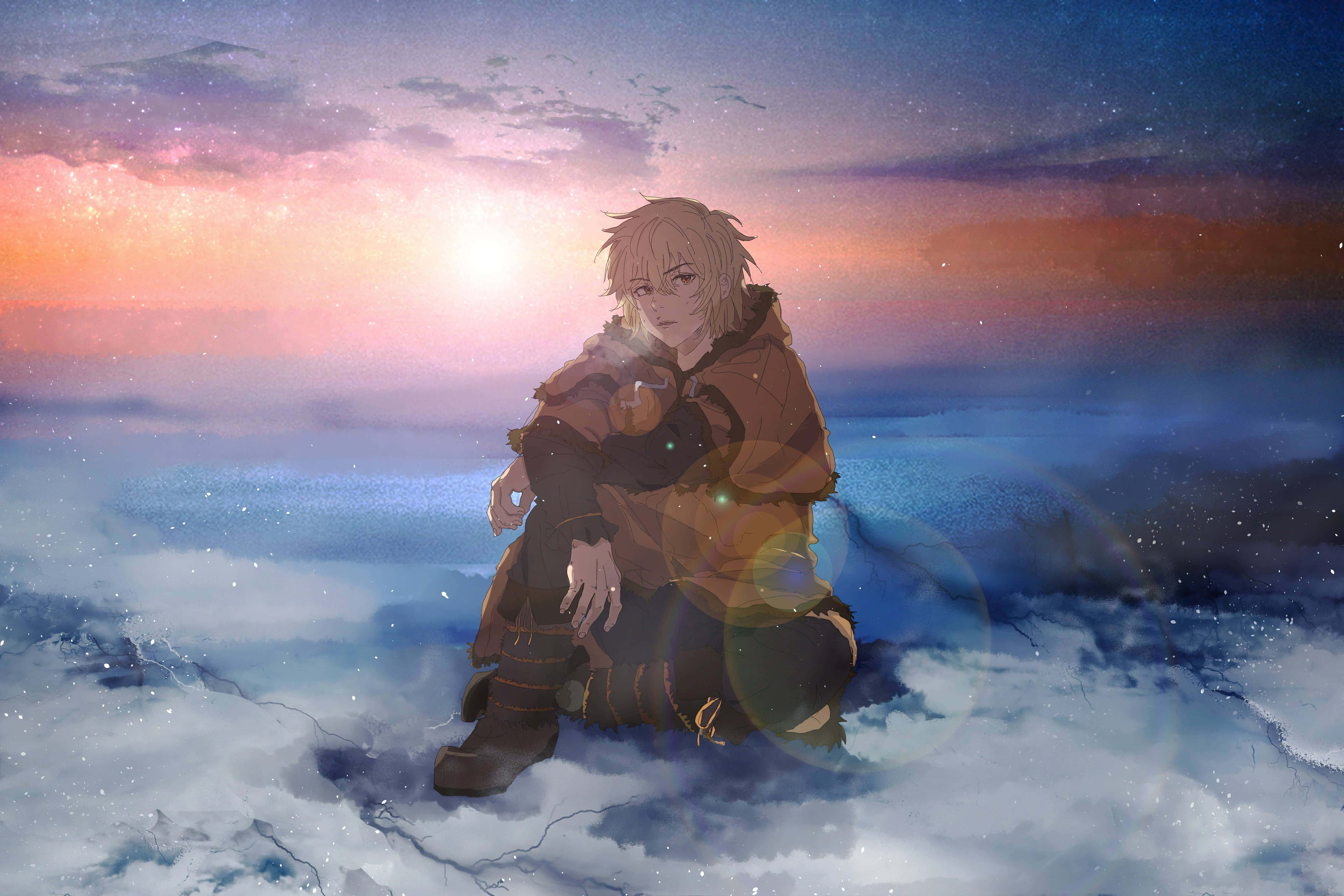 Thorfinn, brown coat, snowy clouds, 5K Desktop Wallpaper
