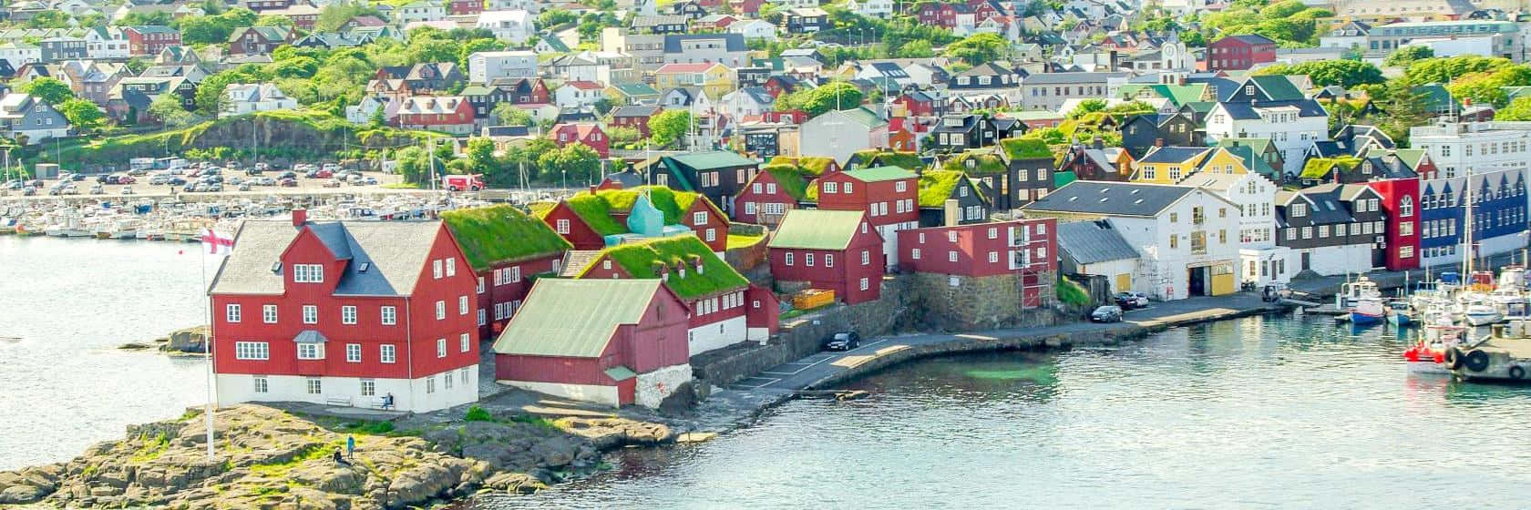 Thorshavn, sunrise, red and white houses, HD Desktop Wallpaper