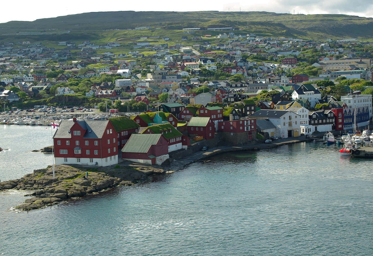 Thorshavn, red and white houses, green roofs, HD Desktop Wallpaper