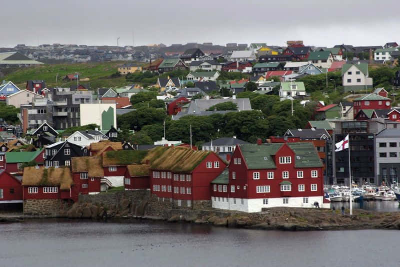 Thorshavn, gloomy sky, red and white houses, SD Desktop Wallpaper