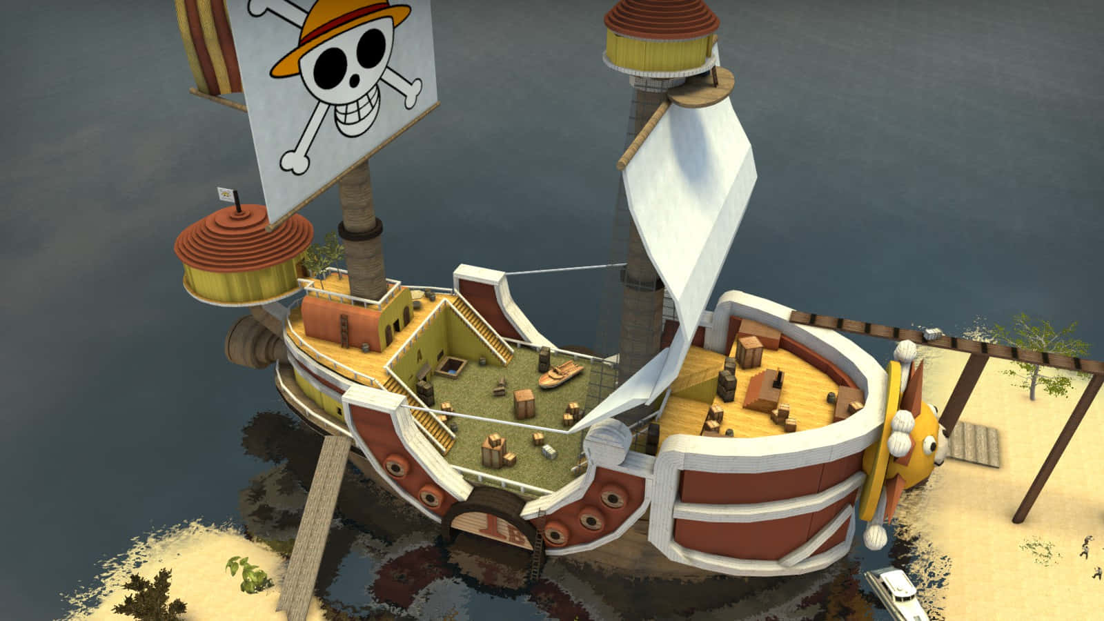 Thousand Sunny, cartoon pirate ship, skull flag, HD Desktop Wallpaper