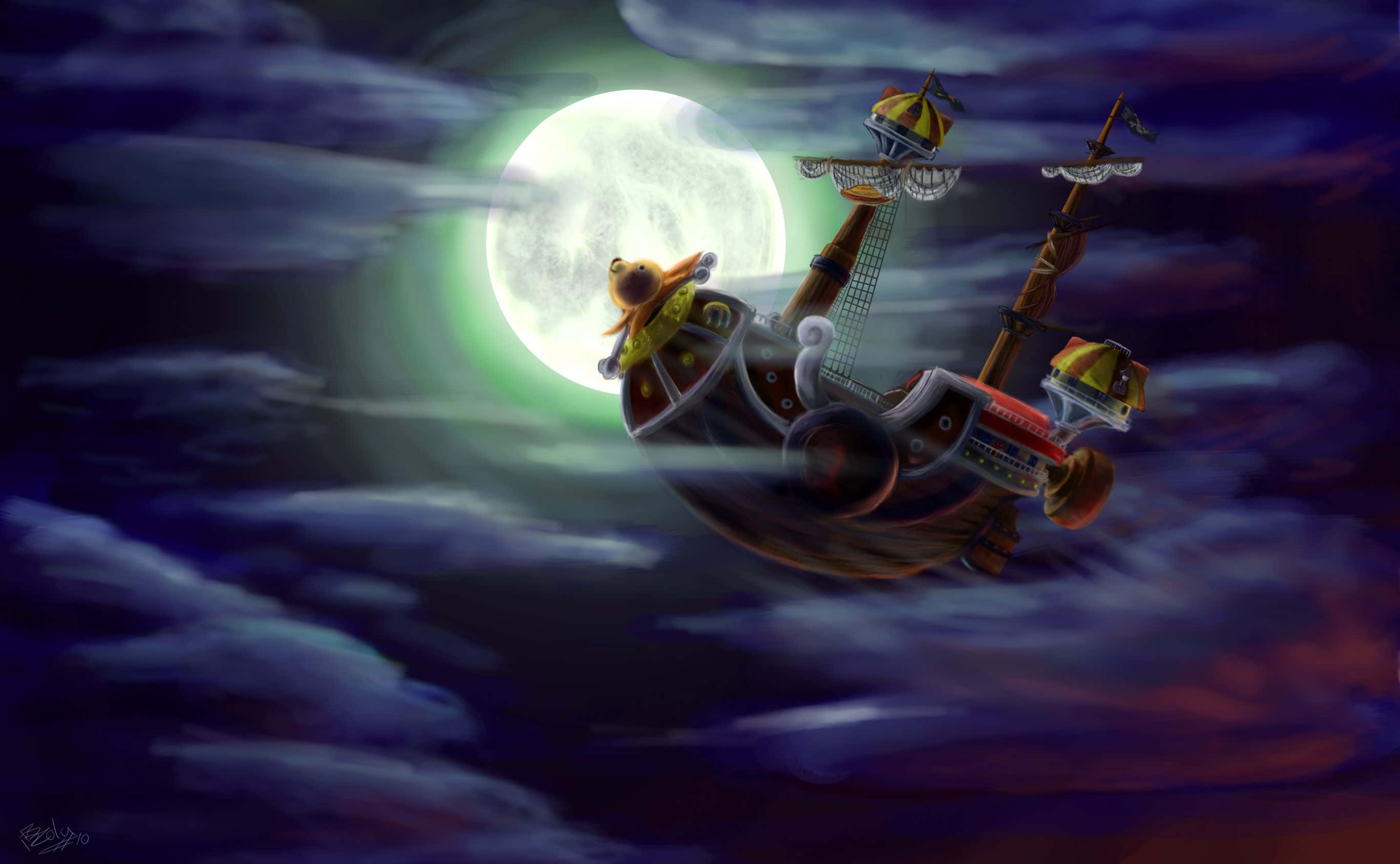 Thousand Sunny, full moon, dark clouds, 2K Desktop Wallpaper