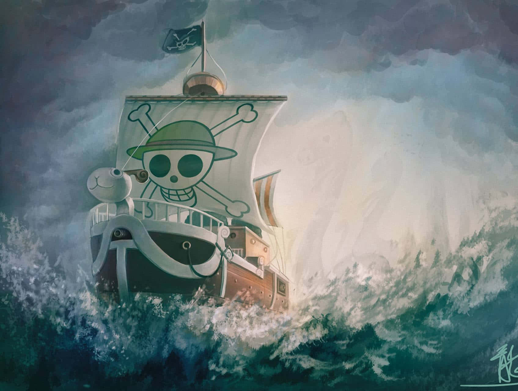 Thousand Sunny, skull and crossbones flag, stormy sky, HD Desktop Wallpaper
