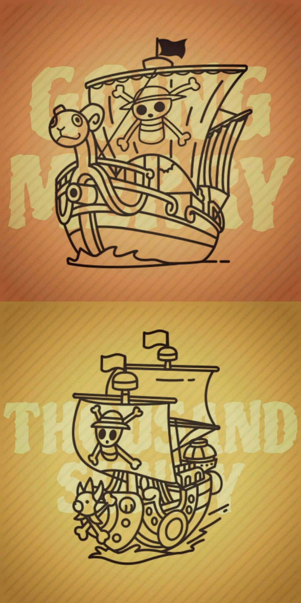 Thousand Sunny, cartoon pirate ships, skull flags, Full HD Phone Wallpaper