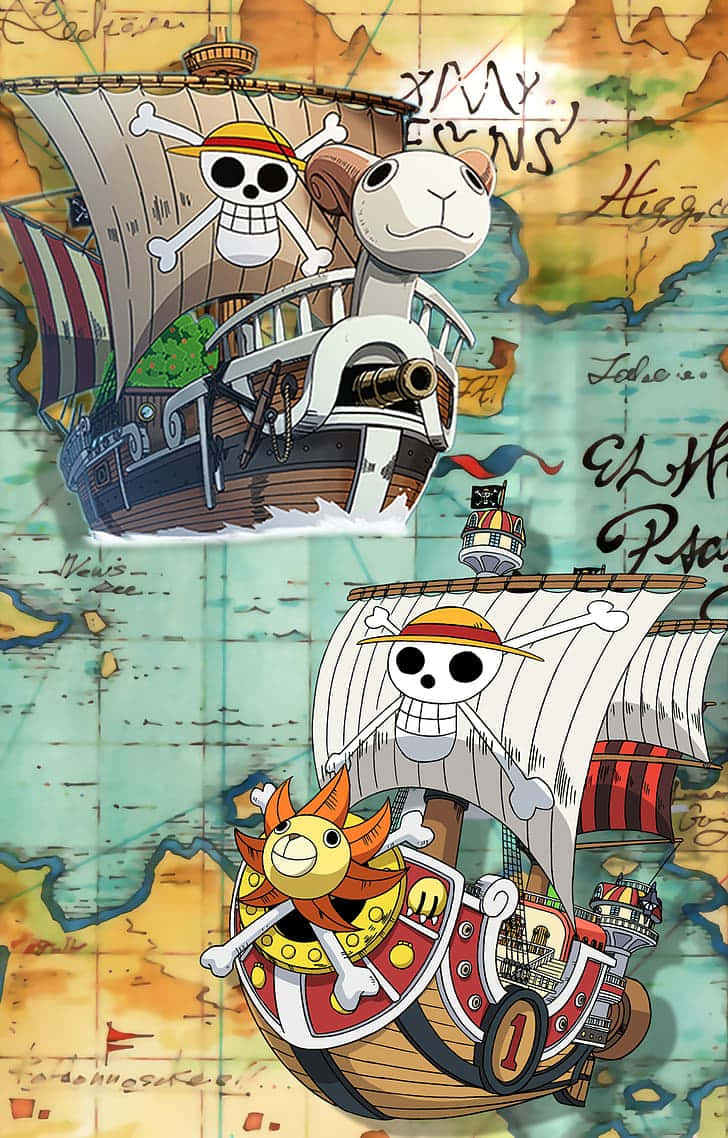 Thousand Sunny, skull flags, vintage treasure map, SD Phone Wallpaper