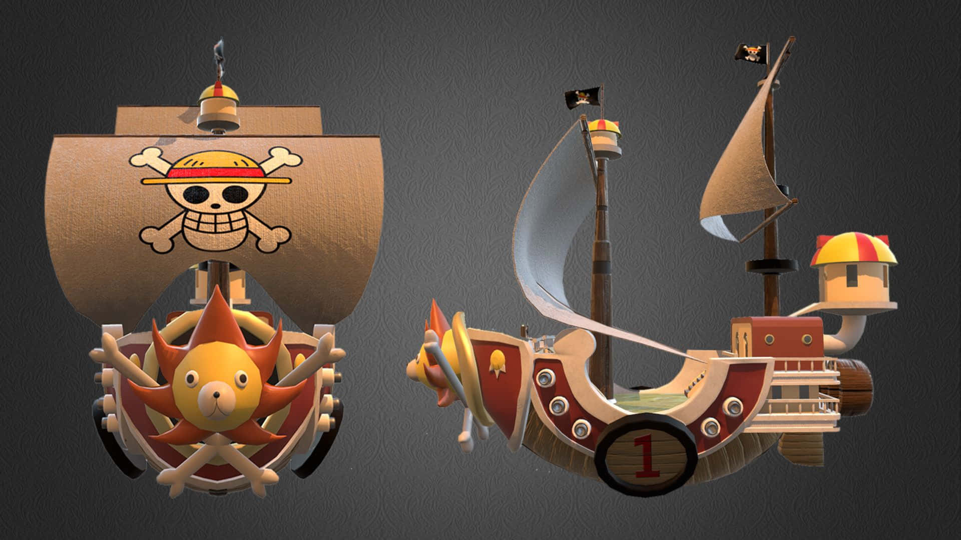 Thousand Sunny, skull flags, cartoonish designs, Full HD Desktop Wallpaper