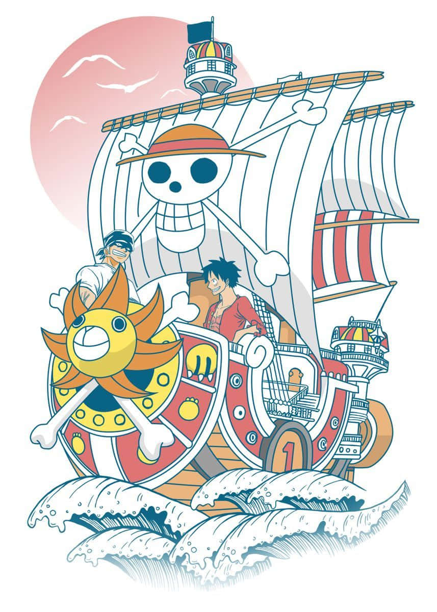 Thousand Sunny, pink sunset sky, crashing waves, SD Phone Wallpaper