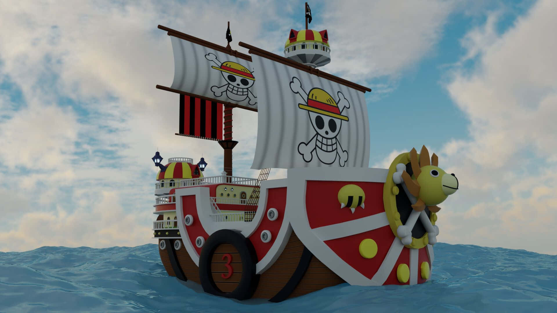 Thousand Sunny, straw hat skull flag, blue waves, Full HD Desktop Wallpaper