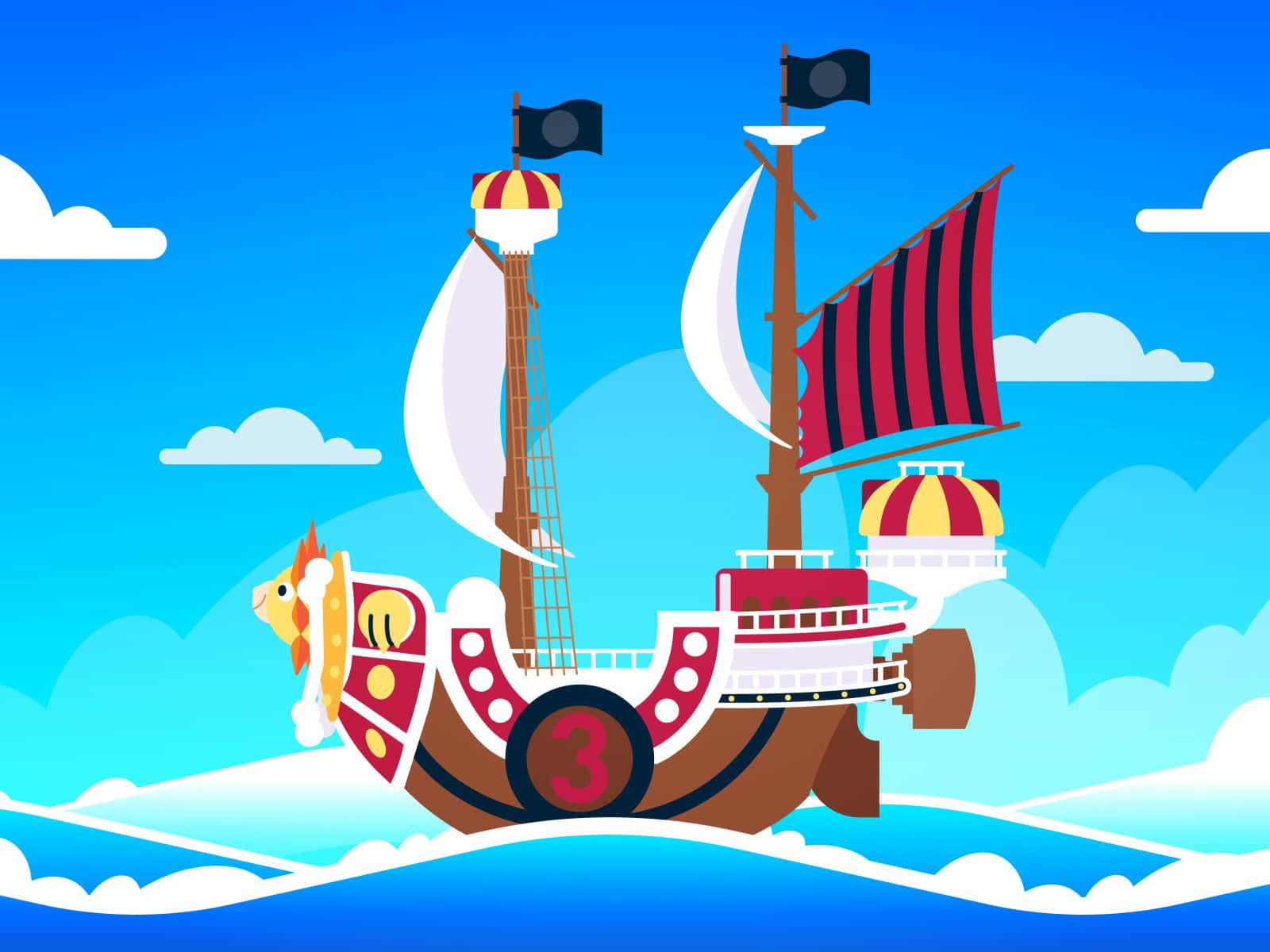 Thousand Sunny, red and white striped sails, blue waves, HD Desktop Wallpaper