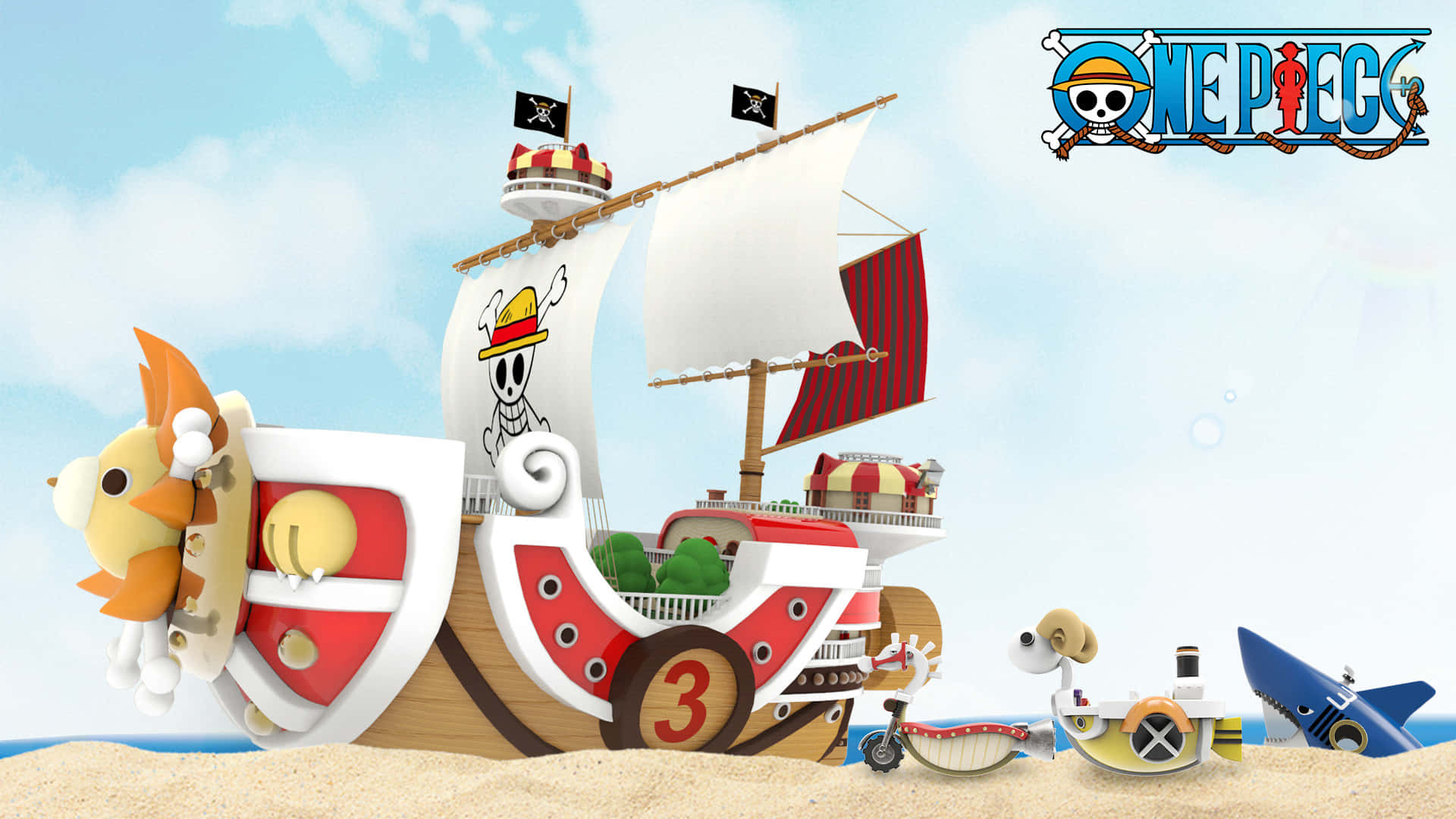 Thousand Sunny, skull flag, number three, Full HD Desktop Wallpaper