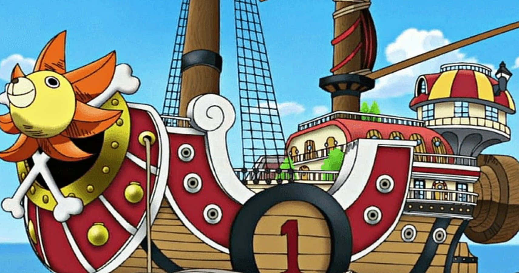 Thousand Sunny, lion skull figurehead, clear blue sky, HD Desktop Wallpaper