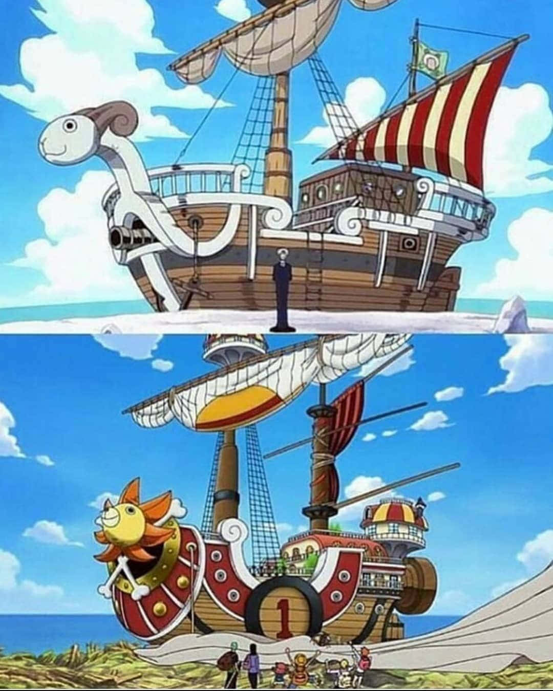 Thousand Sunny, anime pirate ships, animal-head prows, HD Phone Wallpaper