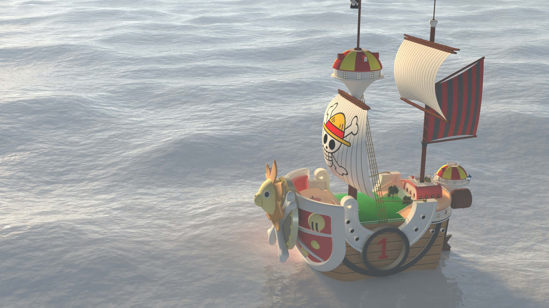 Thousand Sunny, skull flag, striped sails, Full HD Desktop Wallpaper