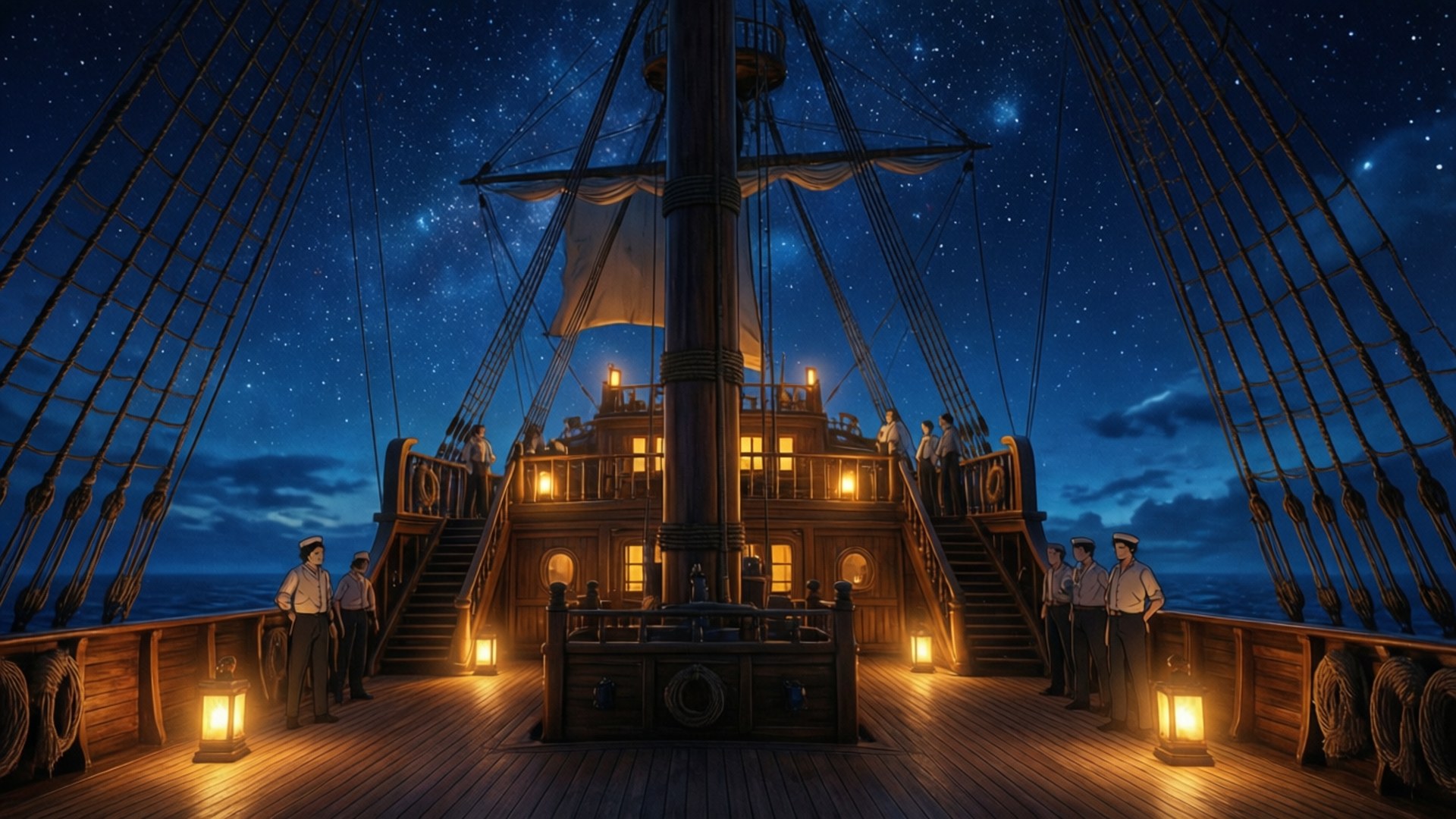 Thousand Sunny, starlit sky, lanterns, Full HD Desktop Wallpaper