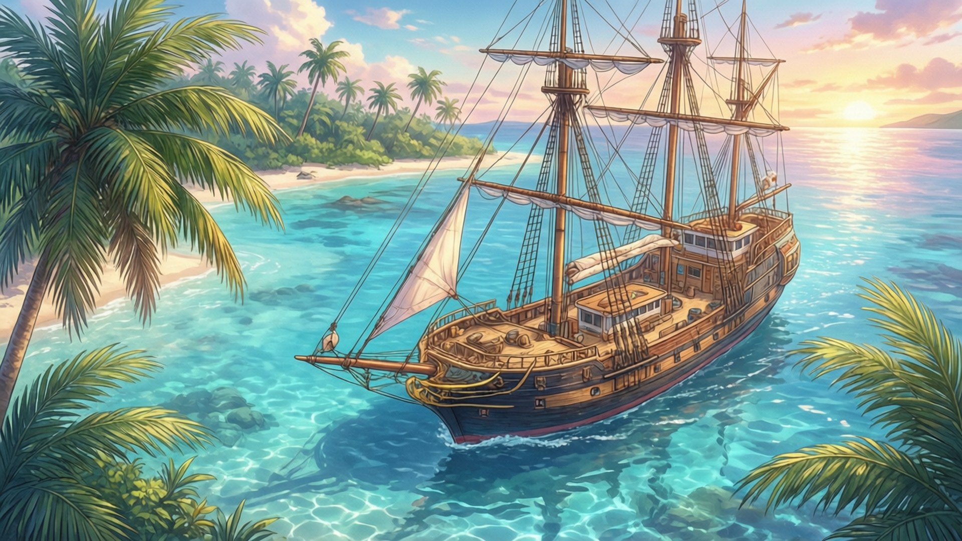 Thousand Sunny, tropical paradise, palm trees, Full HD Desktop Wallpaper