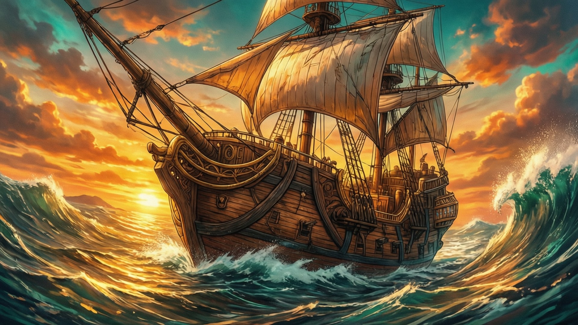 Thousand Sunny, sunset sea, cinematic drama, Full HD Desktop Wallpaper