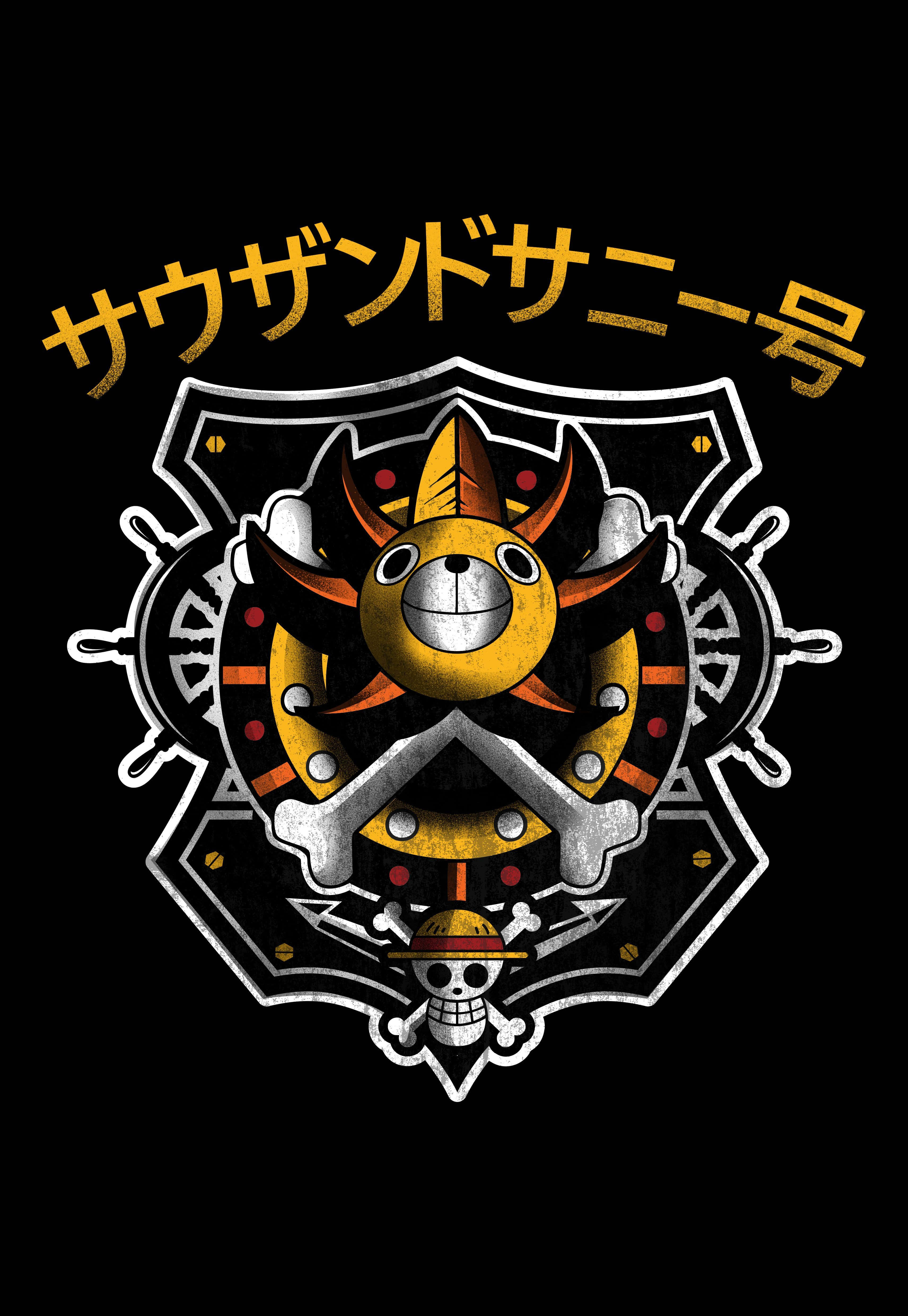 Thousand Sunny, black background, yellow sun face skull, 4K Phone Wallpaper