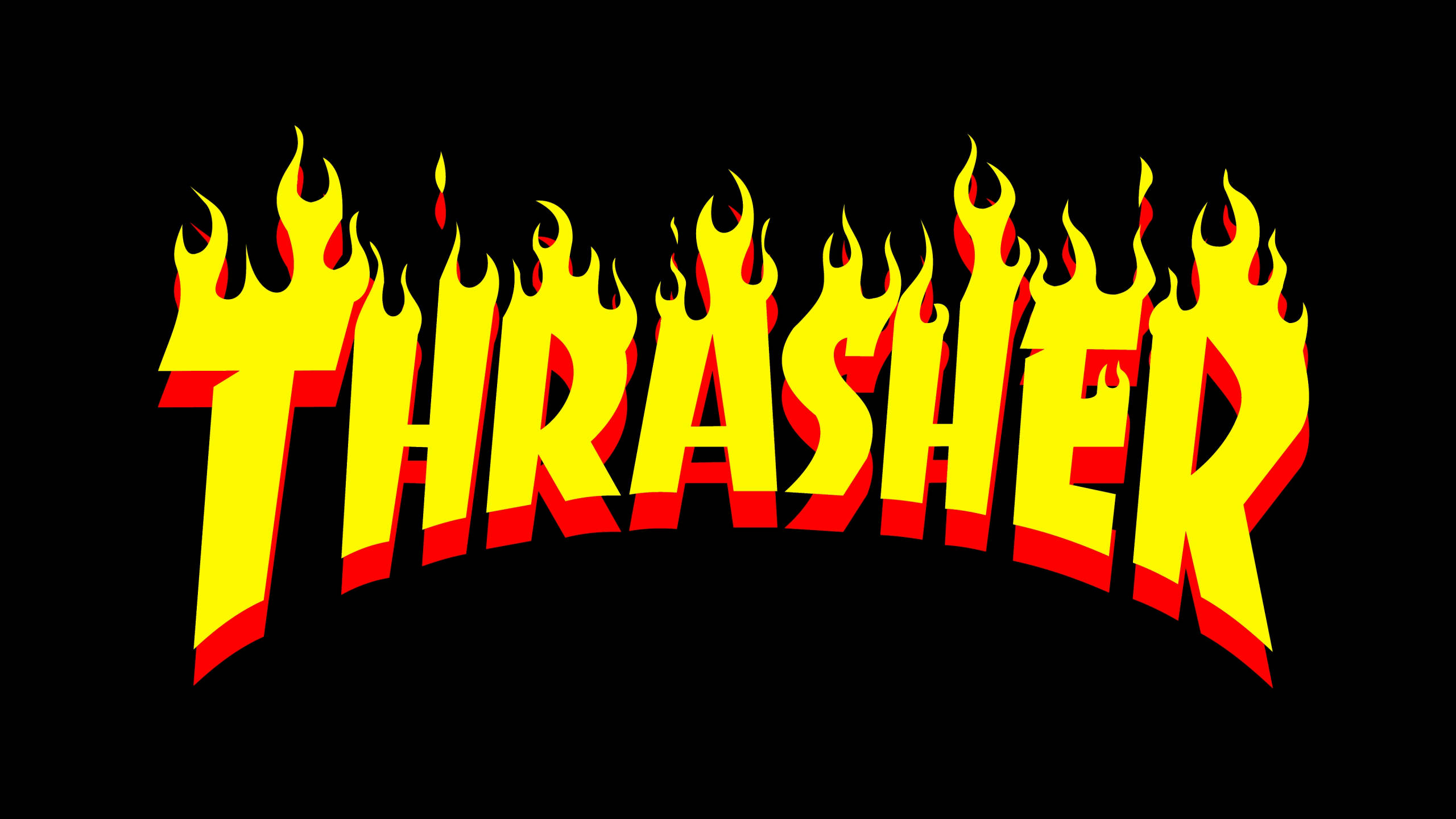 Thrasher, flaming logo, yellow, 2K Desktop Wallpaper