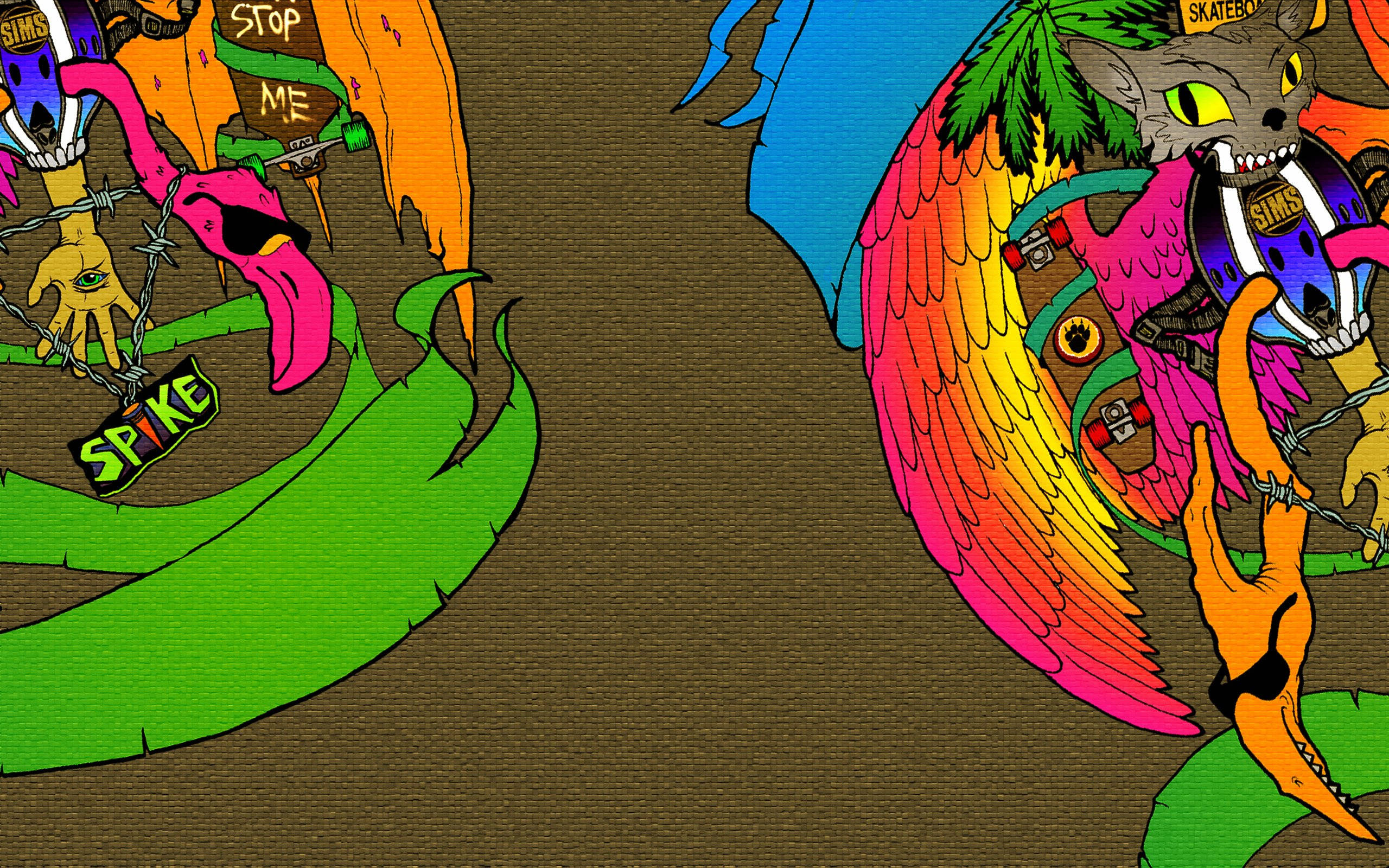 Thrasher, jungle aesthetic, vibrant cartoon cat, 2K Desktop Wallpaper