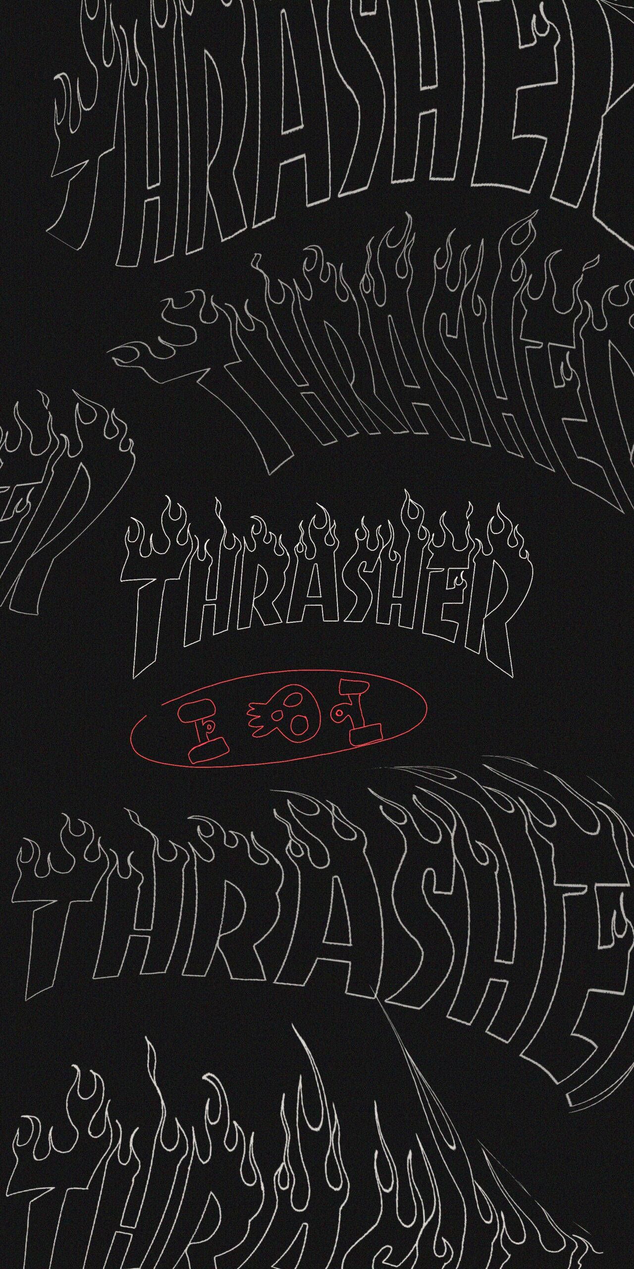 Thrasher, black background, white outlined Thrasher logos, 2K Phone Wallpaper