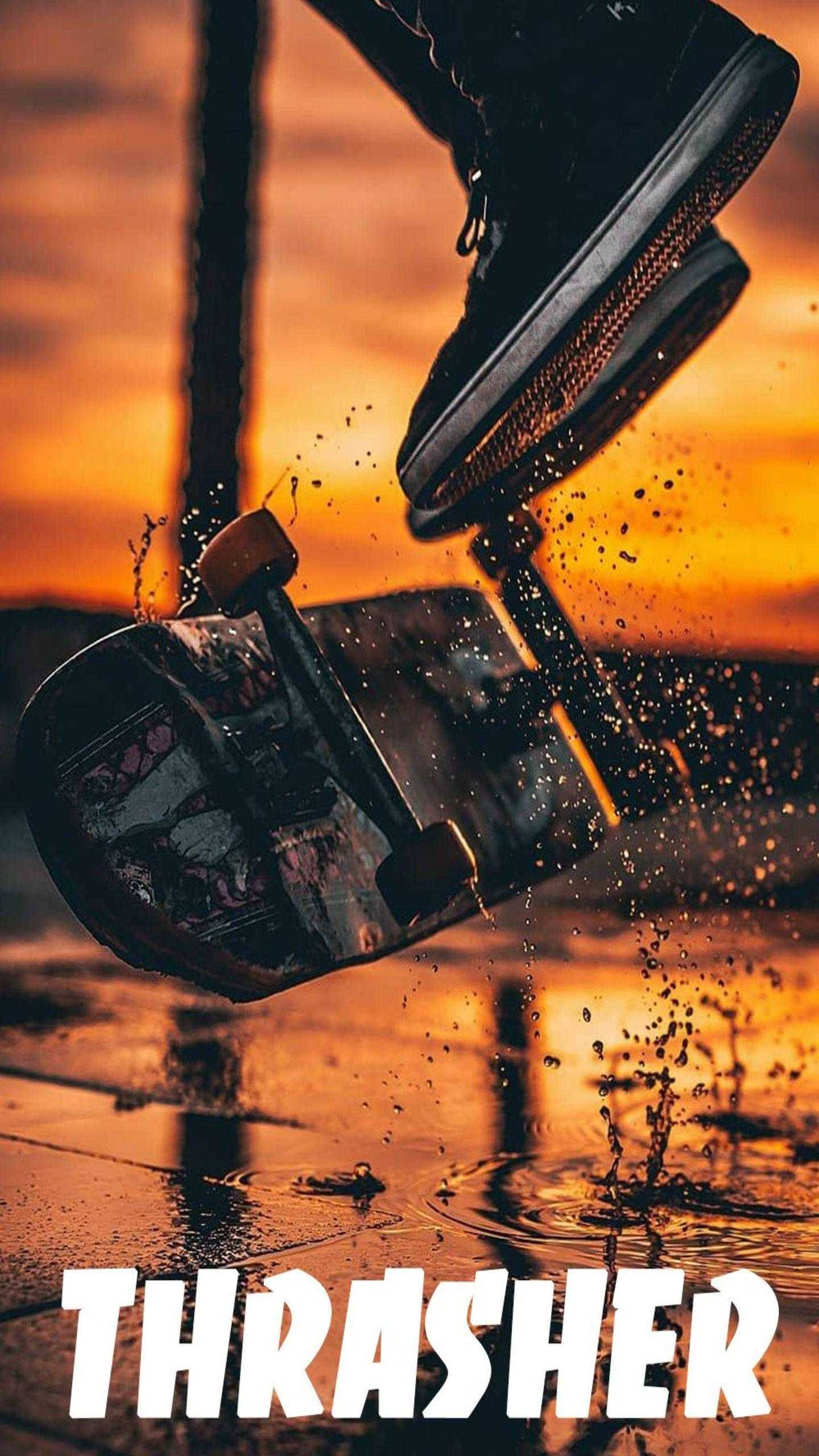 Thrasher, skateboard, fiery sunset sky, 2K Phone Wallpaper