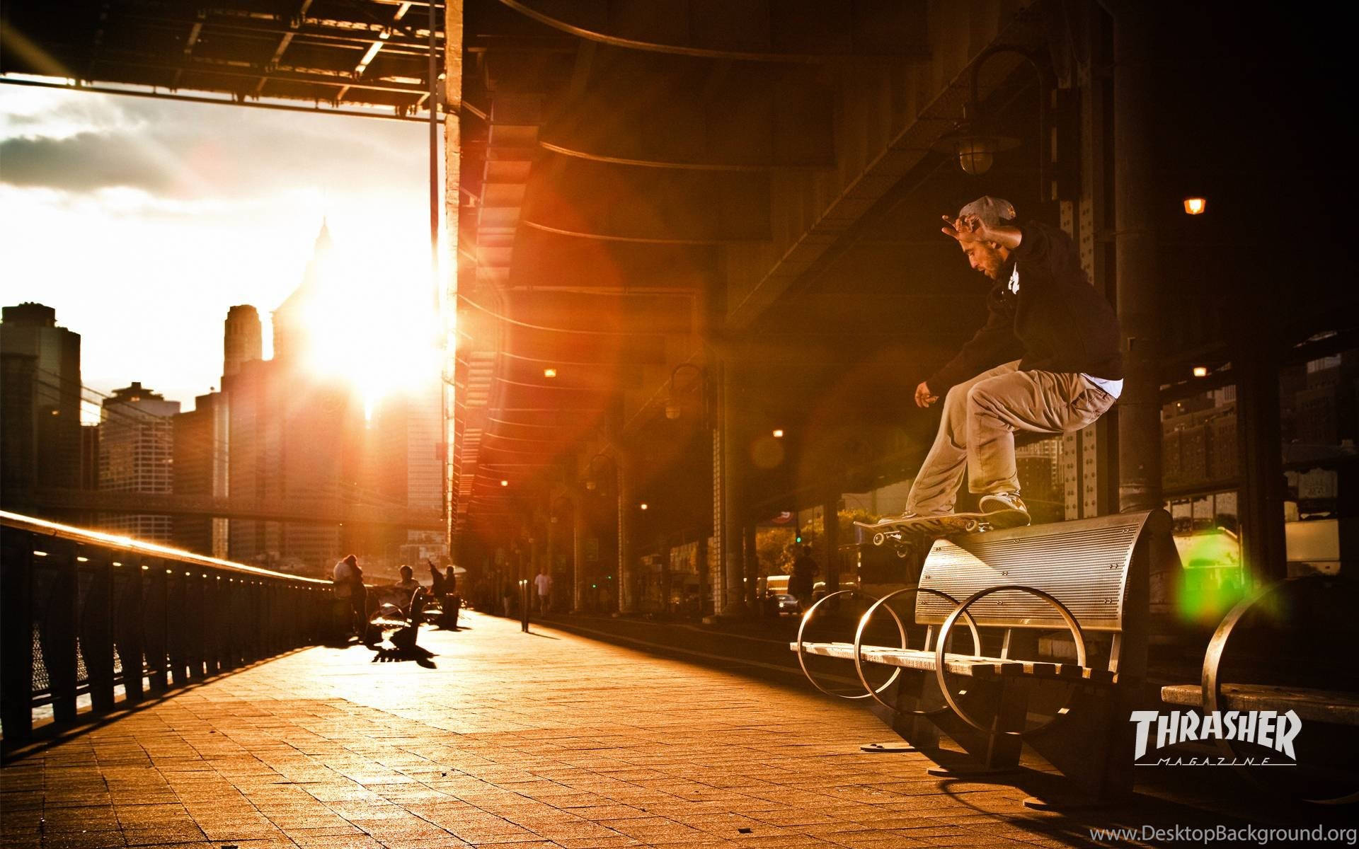 Thrasher, skateboarding lifestyle, bench, Full HD Desktop Wallpaper