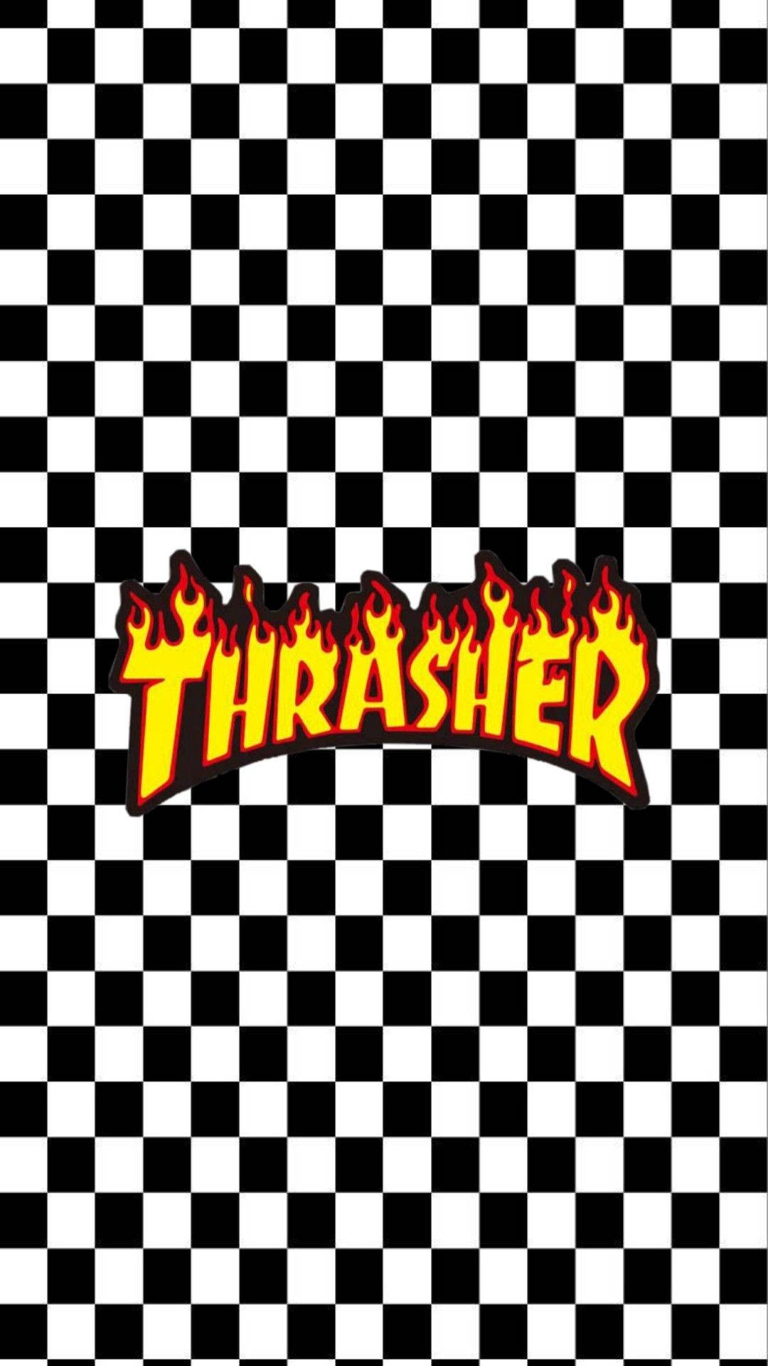 Thrasher, checkered pattern, fiery yellow letters, Full HD Phone Wallpaper