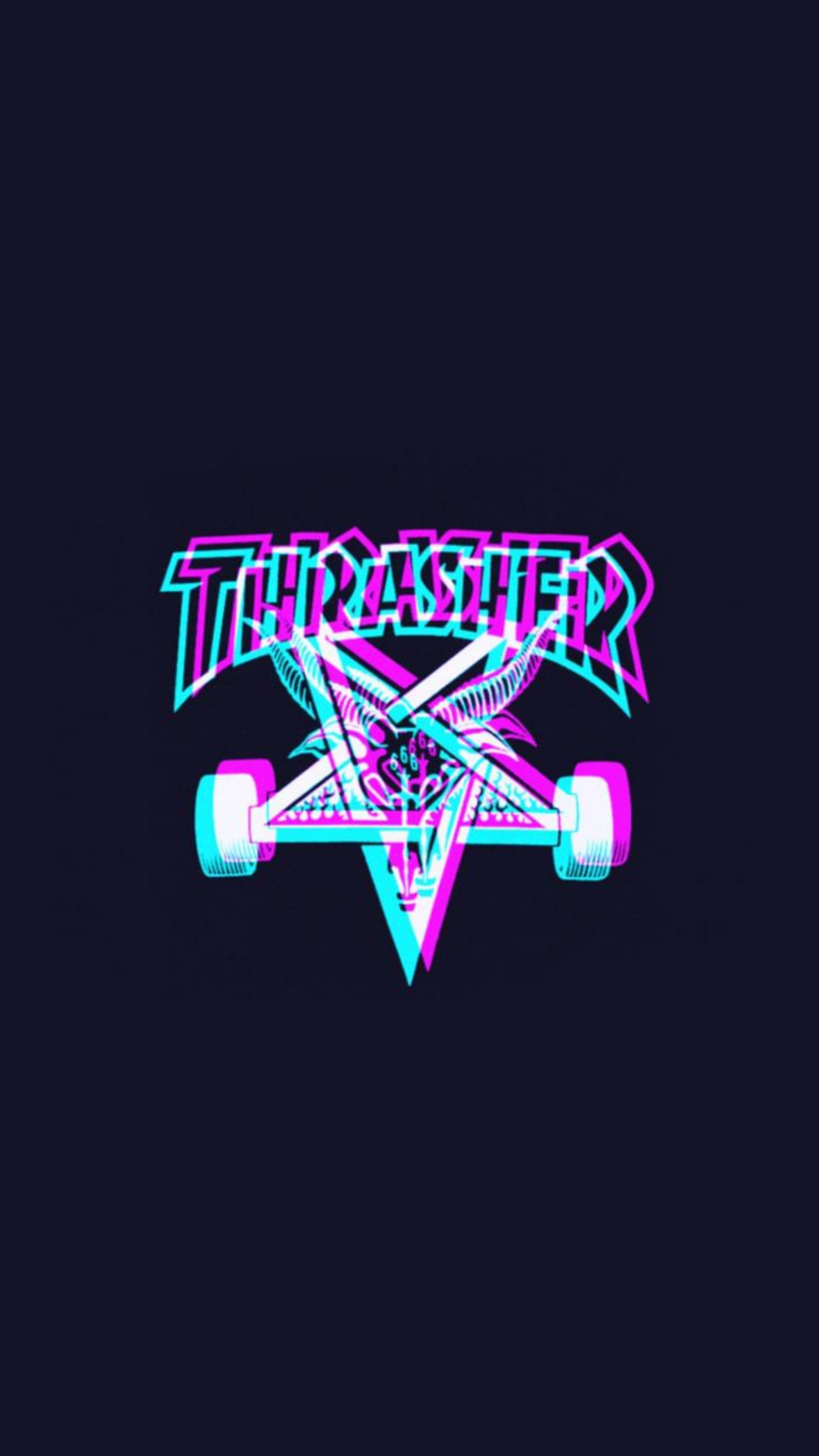Thrasher, neon pink, cyan, 5K Phone Wallpaper