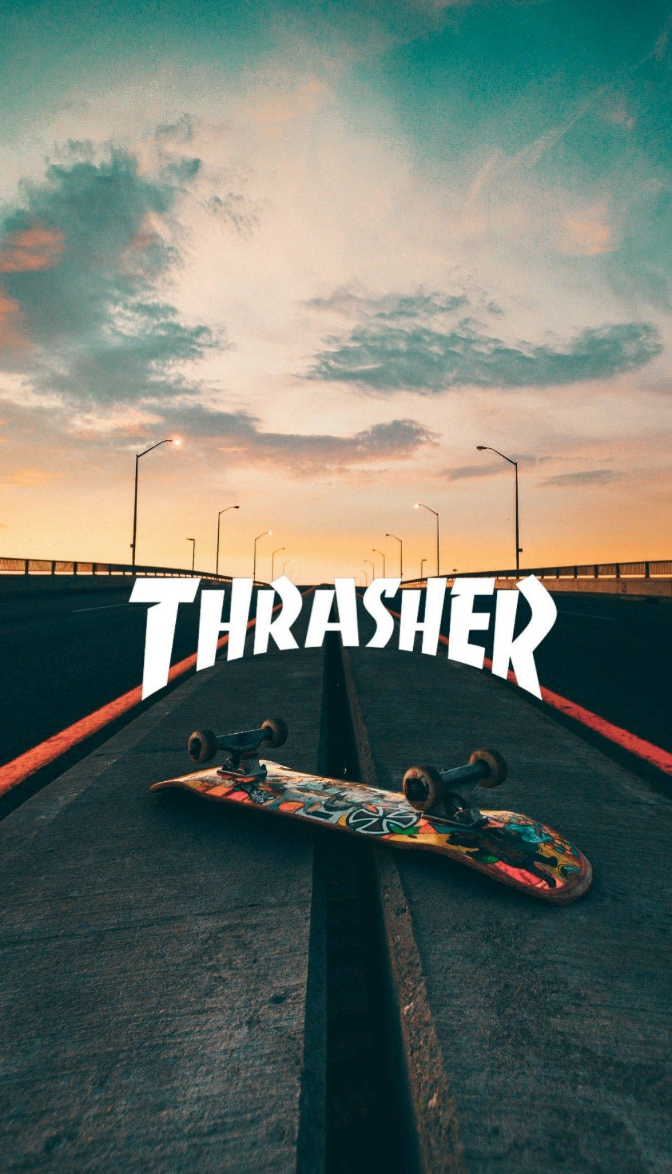 Thrasher, flipped skateboard, concrete bridge, Full HD Phone Wallpaper