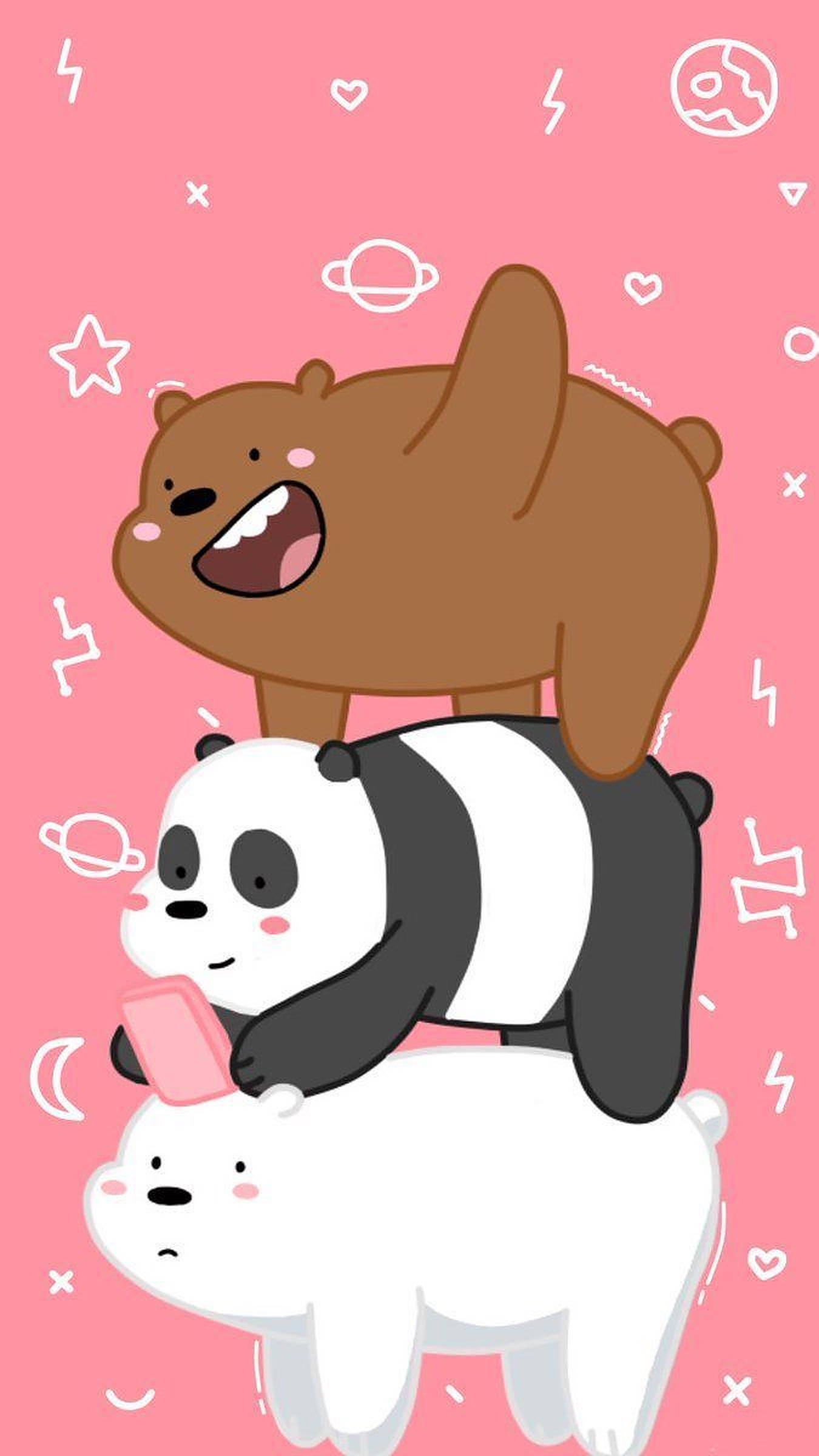three stacked bears, cartoon bears, pink background, Full HD Phone Wallpaper
