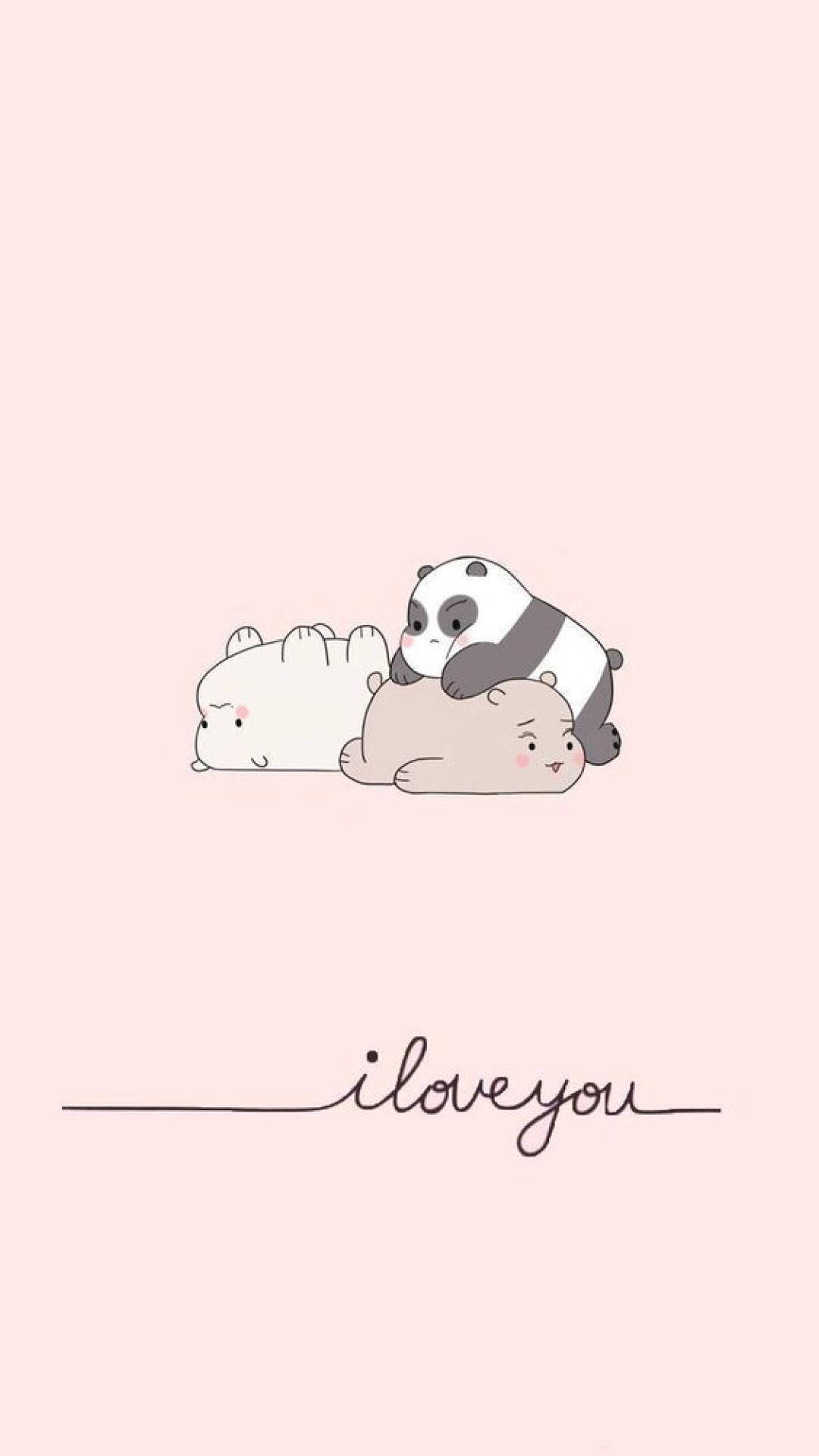 Three Bears, pink background, handwritten i love you text, Full HD Phone Wallpaper