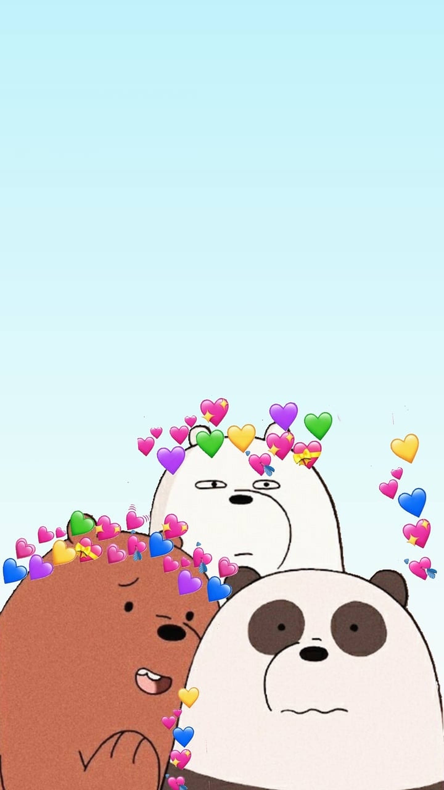 Three Bears, colorful hearts, soft blue sky, 2K Phone Wallpaper
