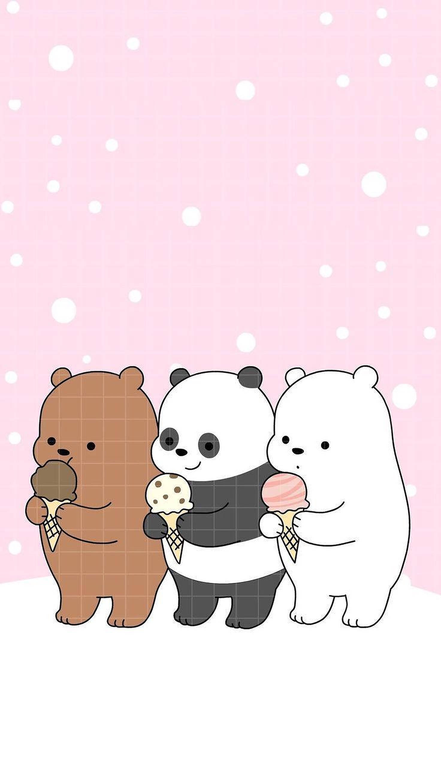 three cute bears, ice cream cones, soft pink background, 2K Phone Wallpaper