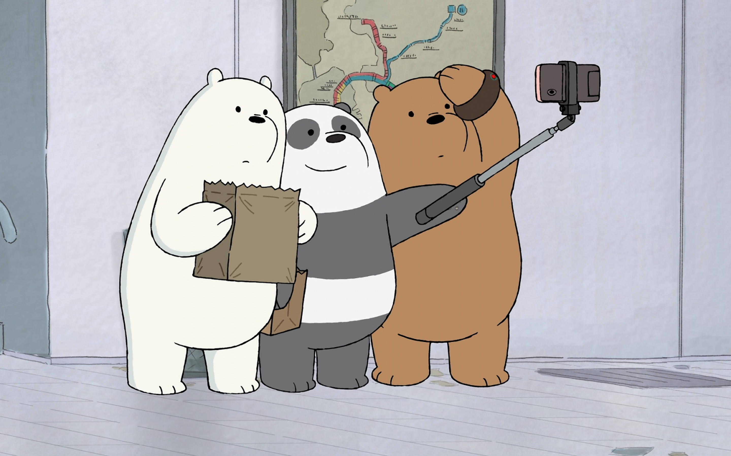 Three Bears, selfie stick, paper bag, 2K Desktop Wallpaper
