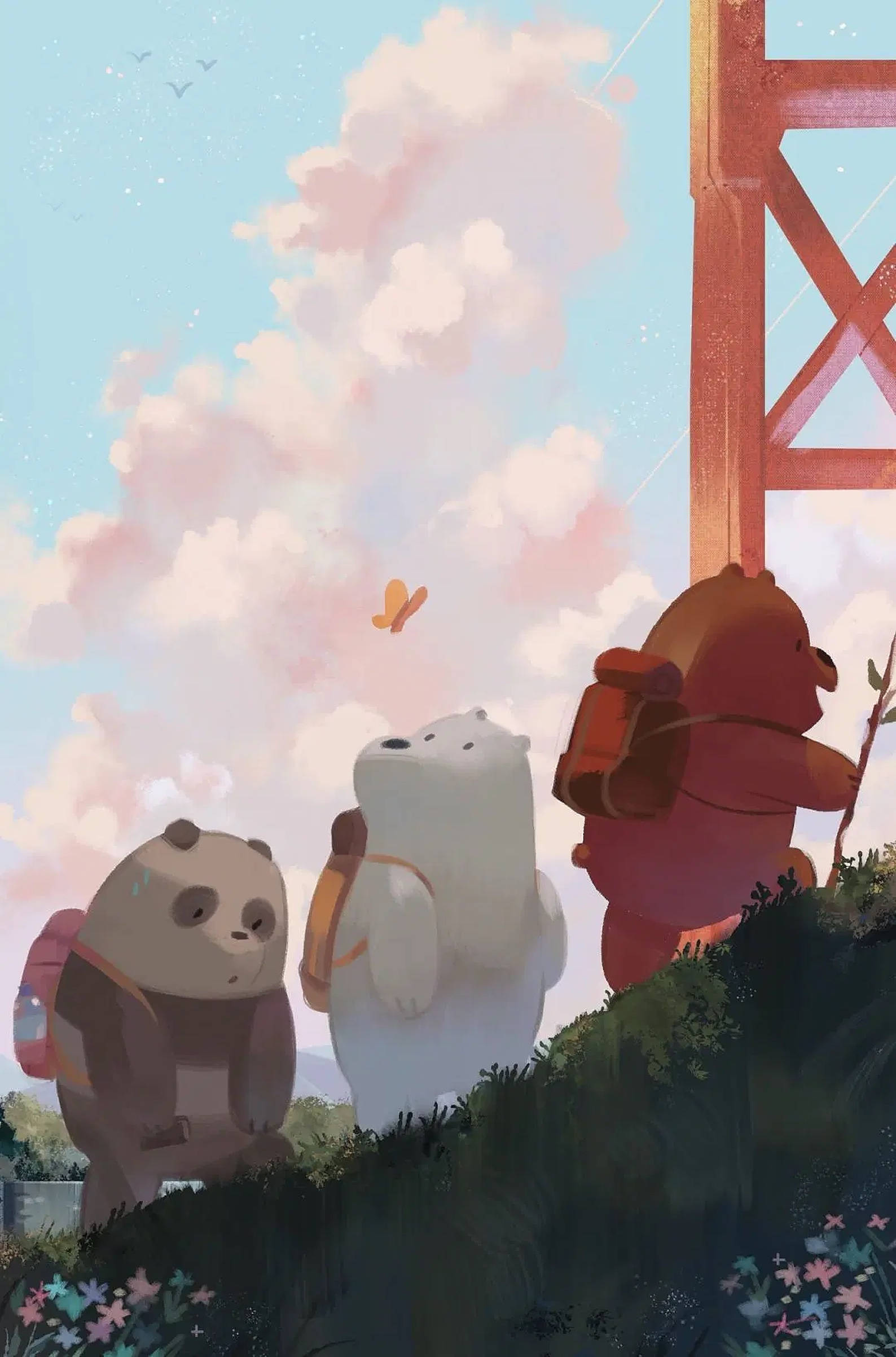 Three Bears, cartoon bears, backpacks, Full HD Phone Wallpaper
