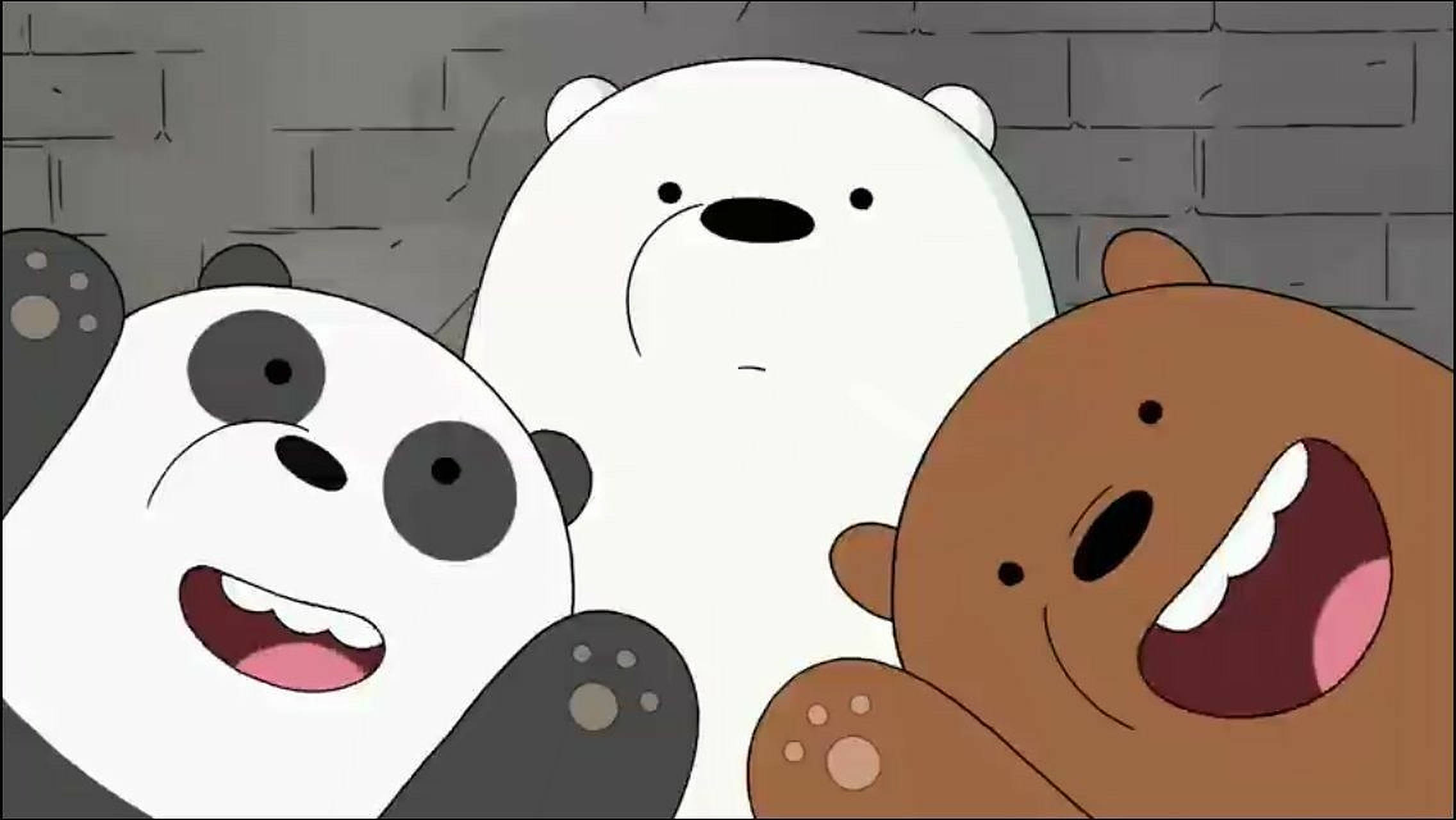 Three Bears, gray brick wall, animated bears, Full HD Desktop Wallpaper