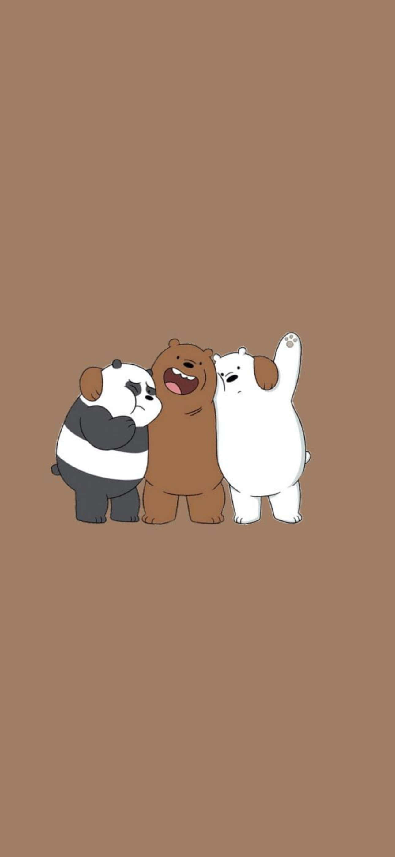 three cartoon bears, brown background, waving, 2K Phone Wallpaper