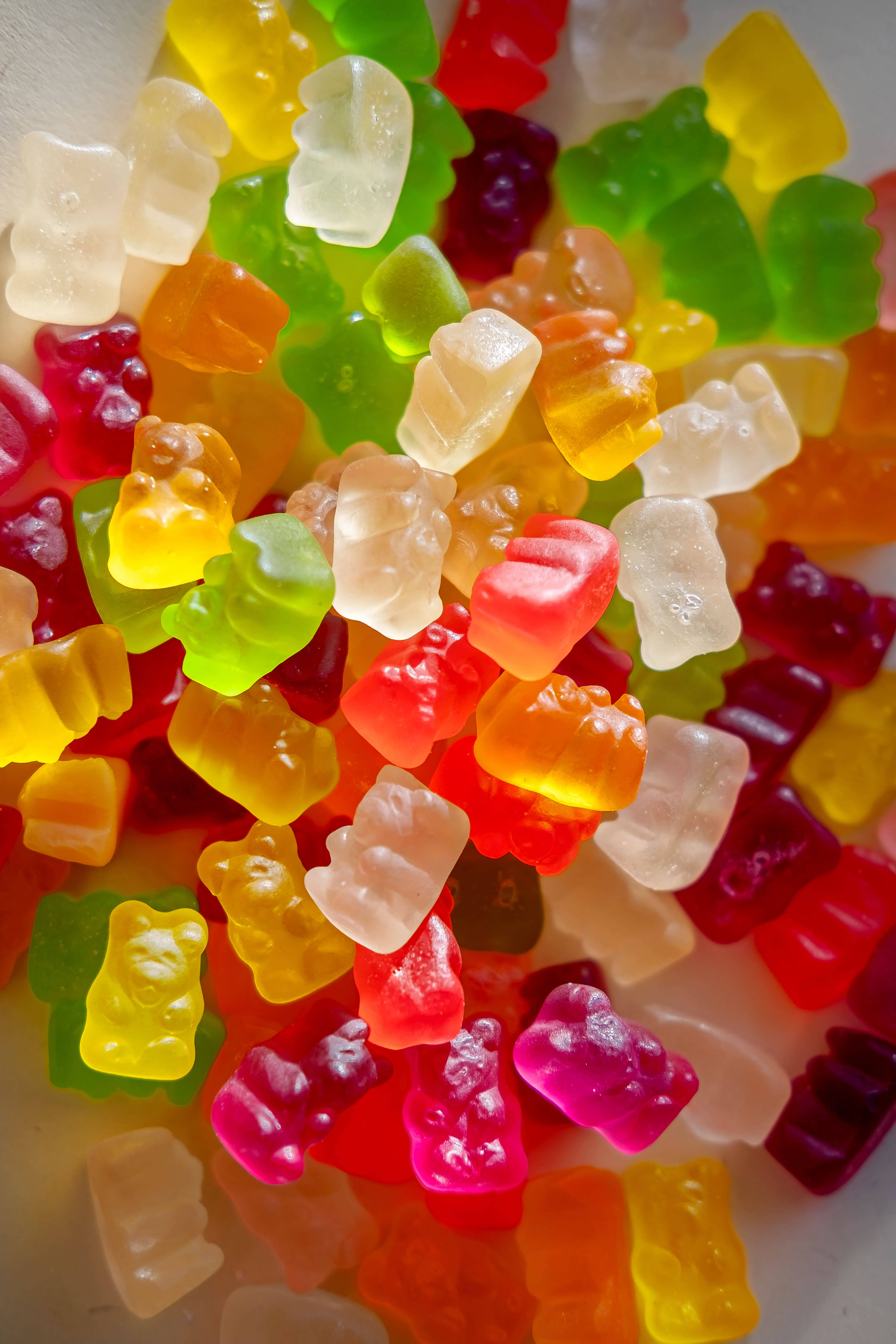 chewy gummy bears, assorted colorful gummy bears, bright light, 5K Phone Wallpaper