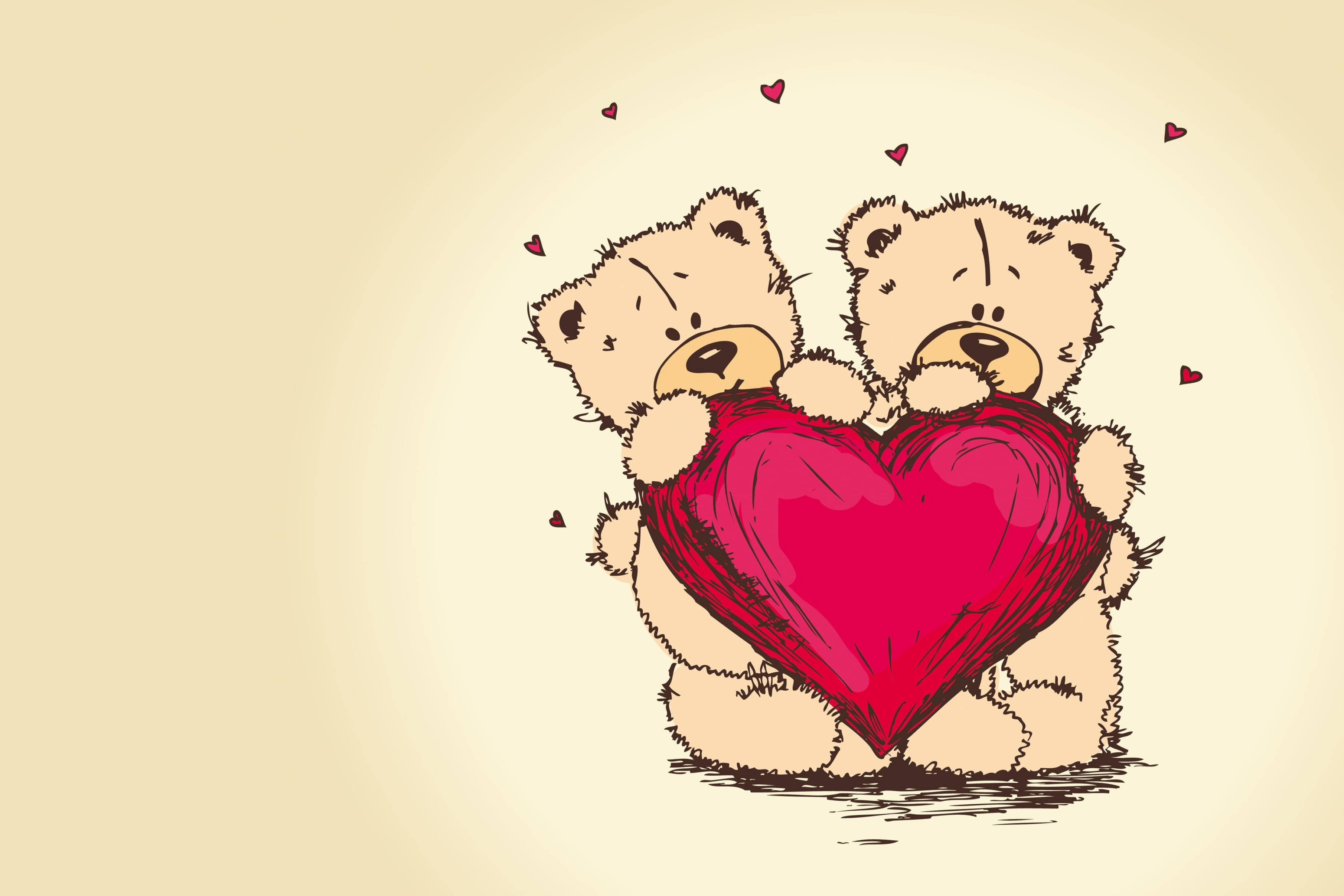 Bears With Heart Love Drawing, teddy bears, red heart, 2K Desktop Wallpaper