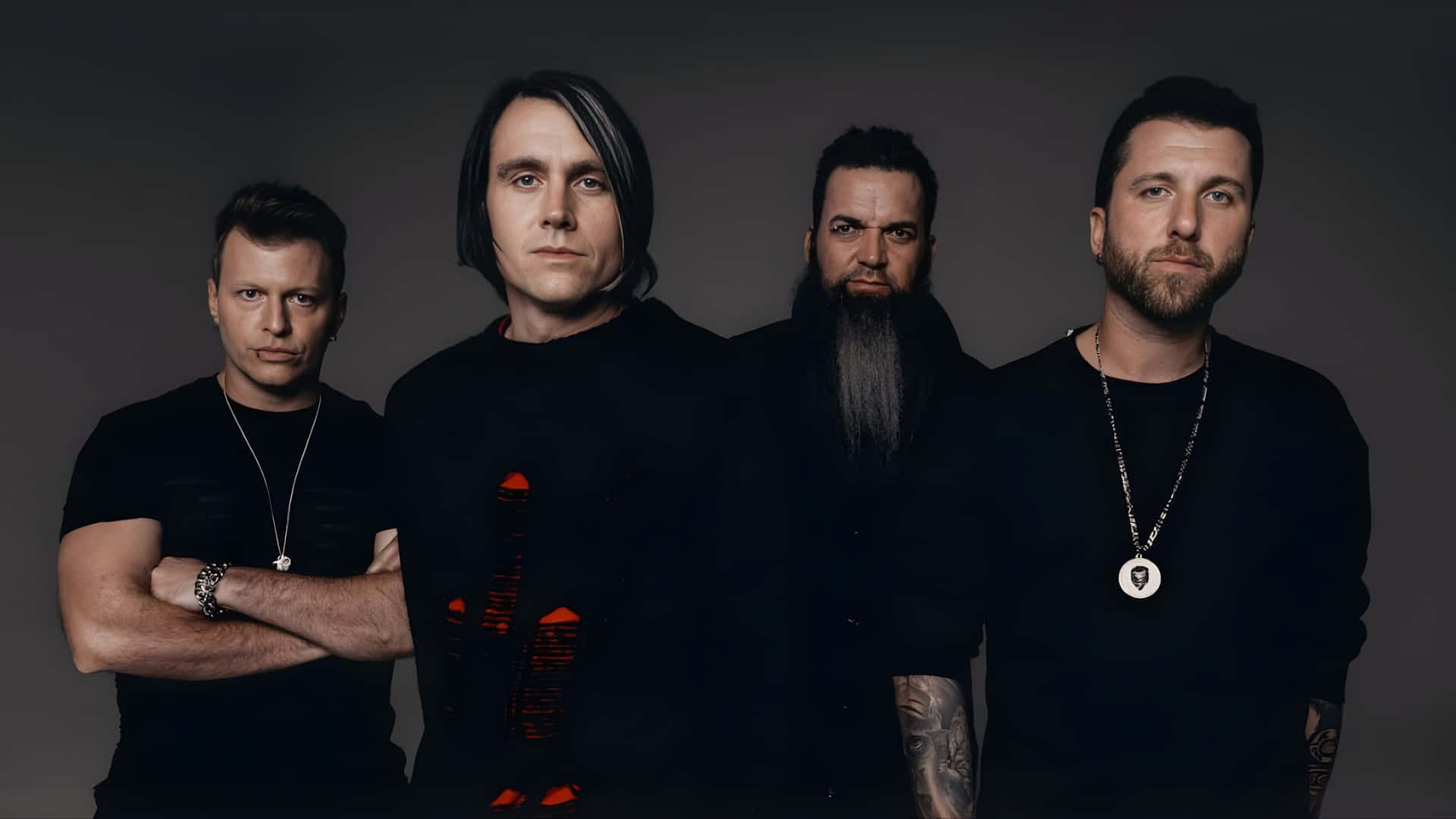 Three Days Grace, black shirts, dark gray background, Full HD Desktop Wallpaper