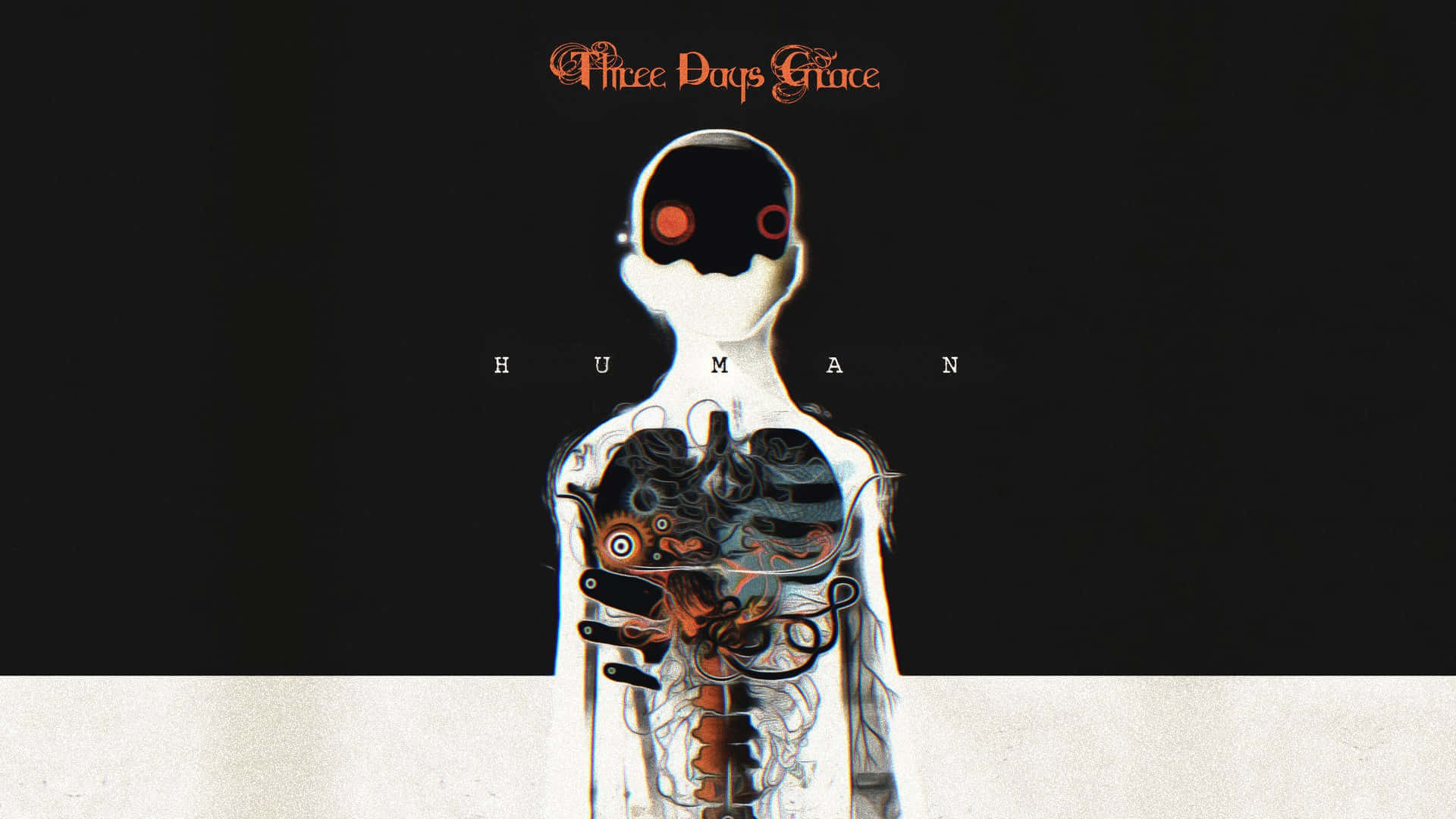 Three Days Grace, glowing red eyes, exposed mechanical organs, Full HD Desktop Wallpaper