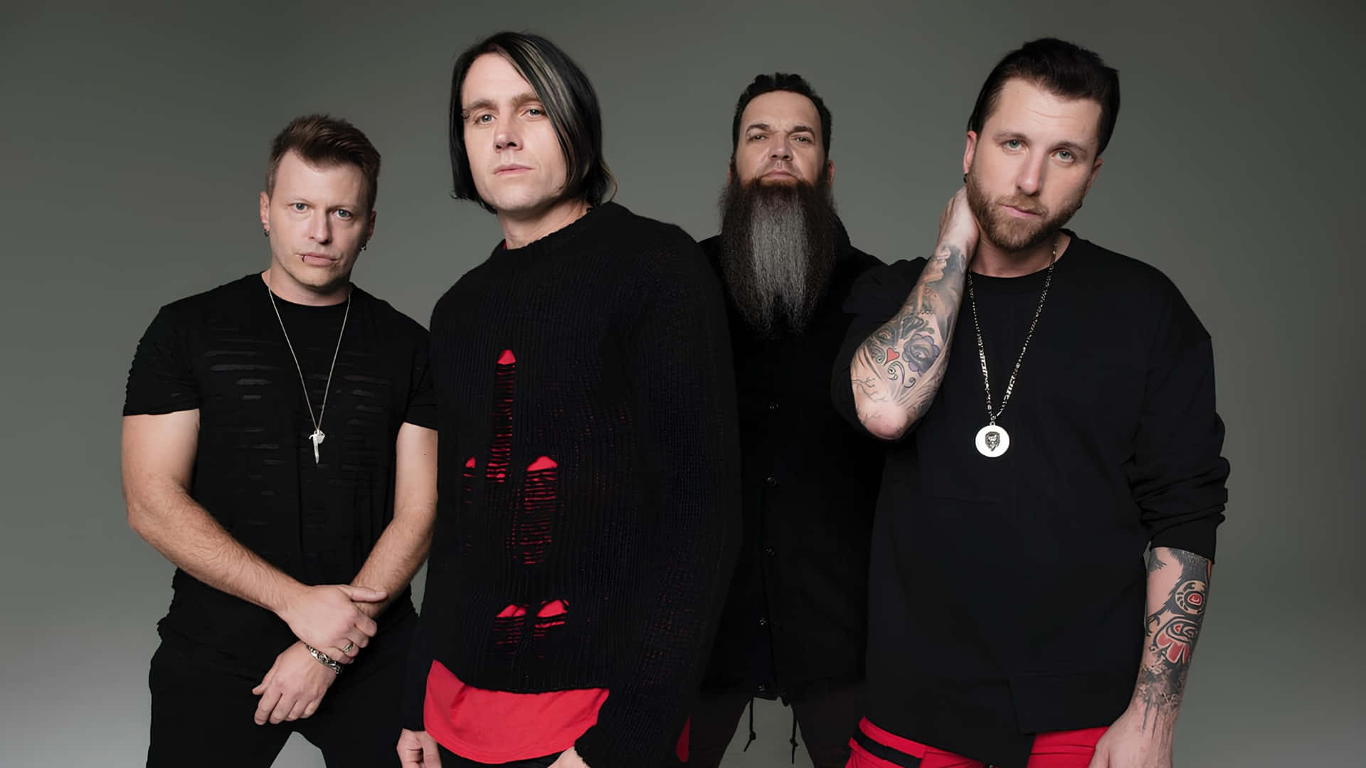 Three Days Grace, black outfits, red accents, Full HD Desktop Wallpaper