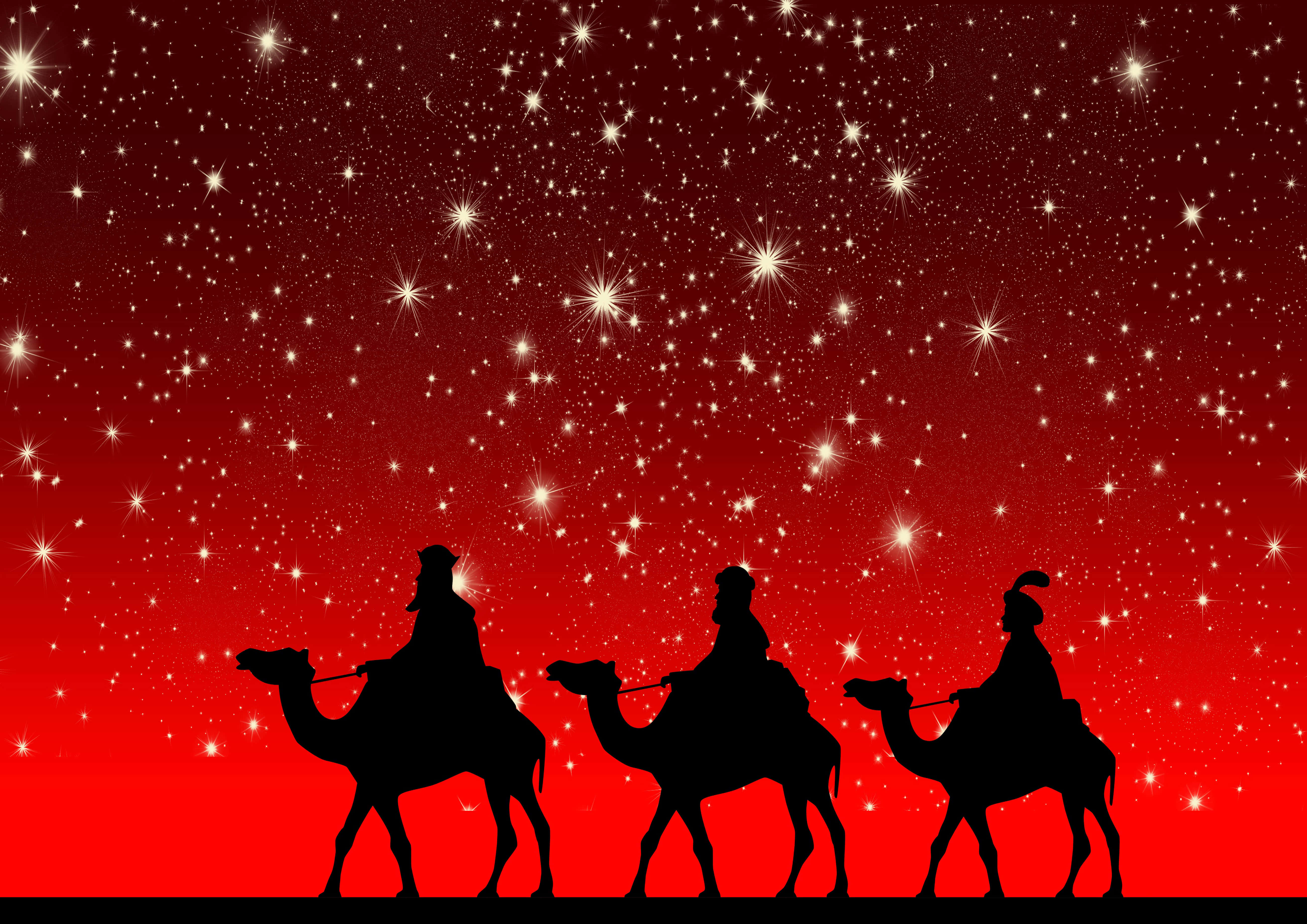 Three Wise Men, camels, vibrant red starry night sky, 5K Desktop Wallpaper