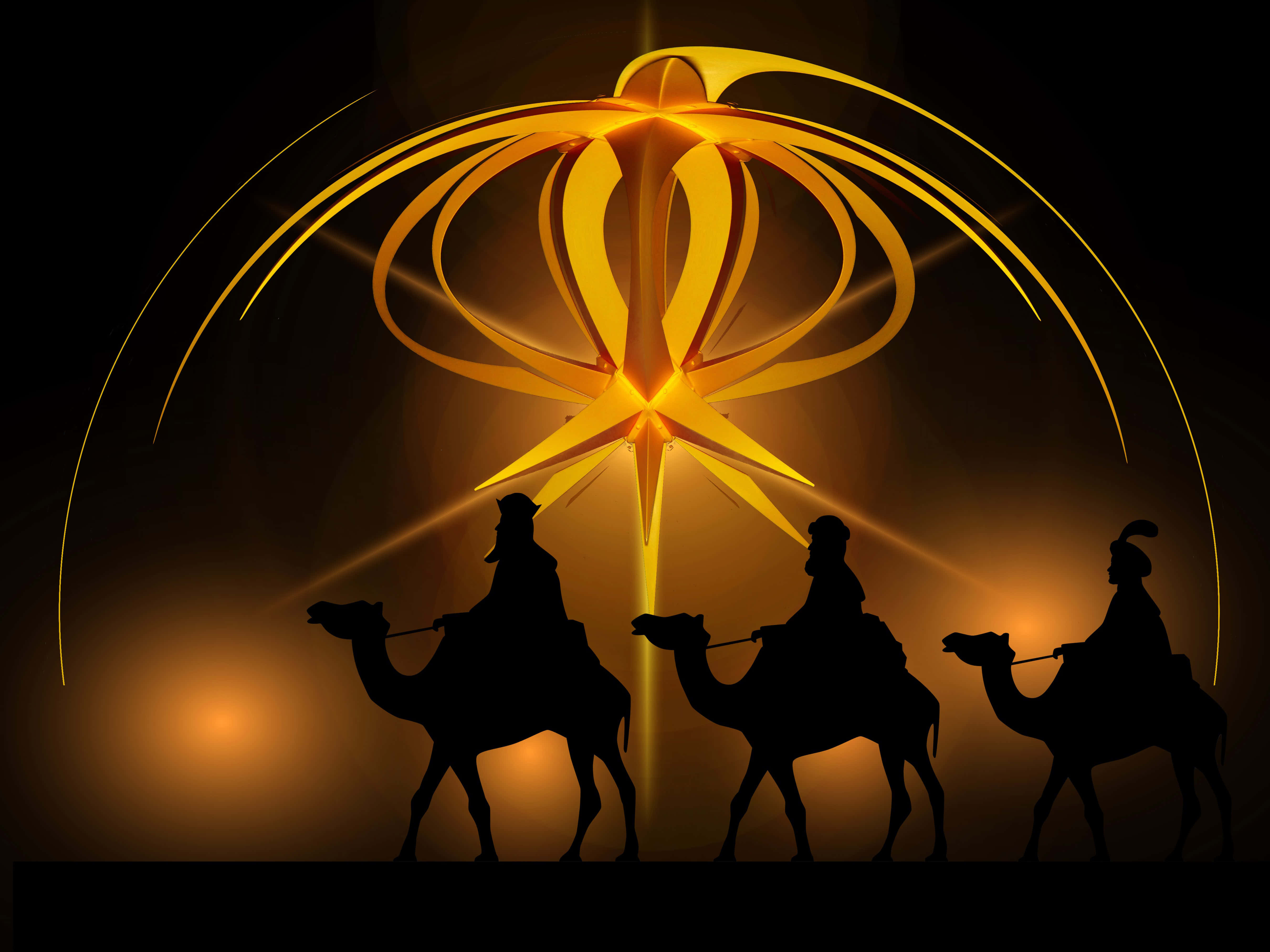 Three Wise Men, camels, golden starburst, 4K Desktop Wallpaper