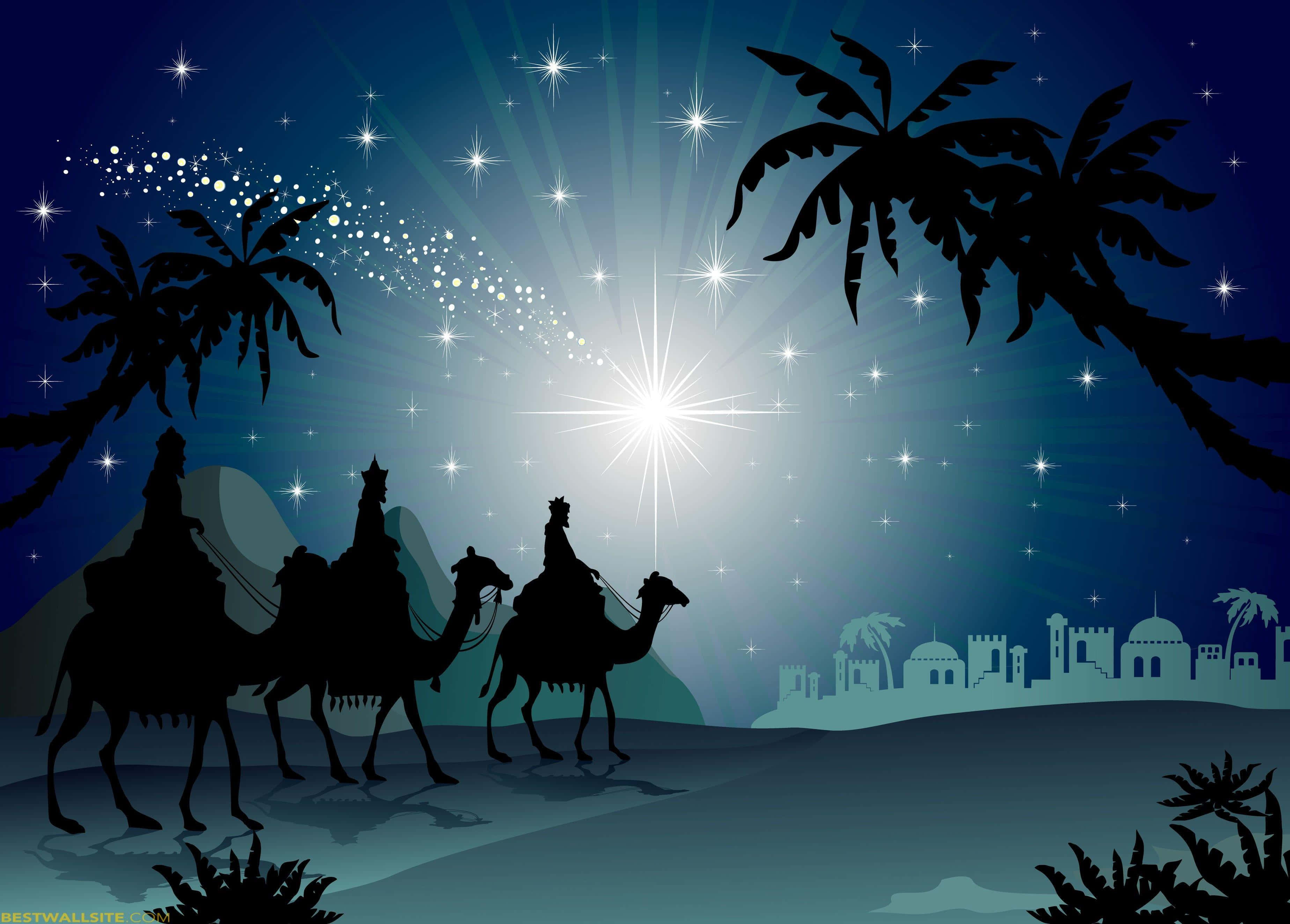 Three Wise Men, camels, starburst sky, 2K Desktop Wallpaper